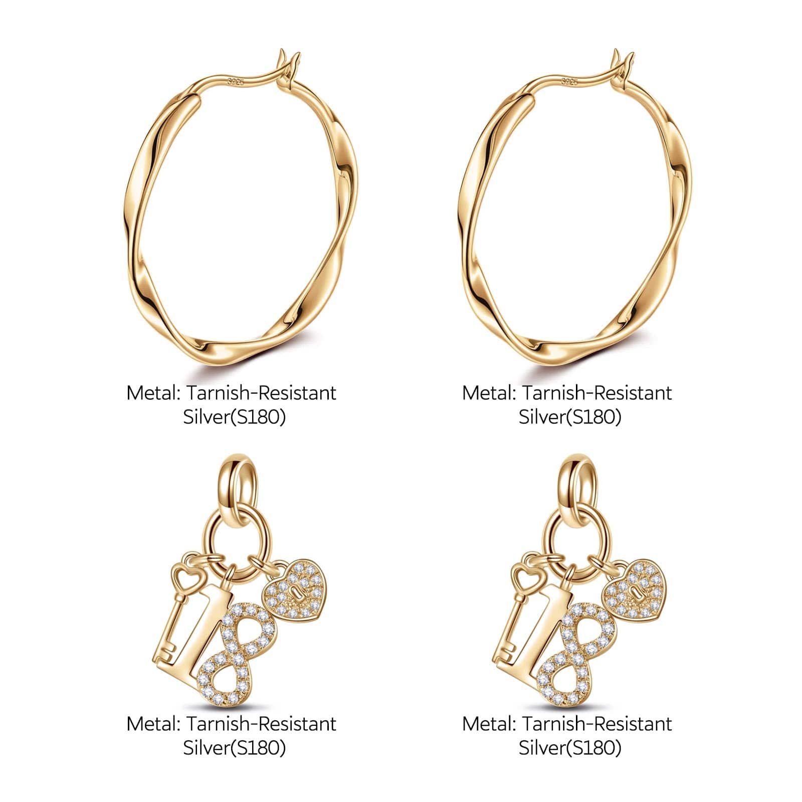 Forever Young Tarnish-resistant Silver Charms Earrings Set M size Classic Hoop Earrings with Sterling Silver Ear Post In 14K Gold Plated - Image 3
