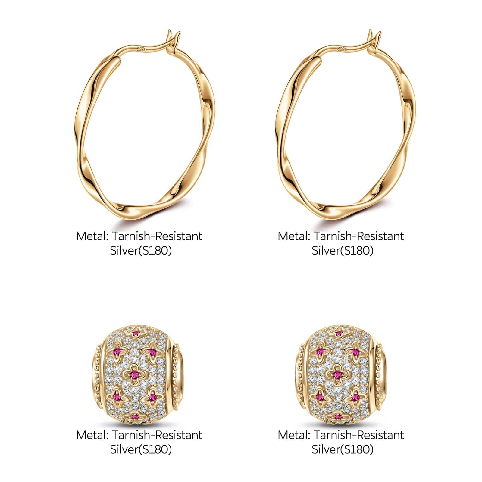 Starlight Clover Tarnish-resistant Silver Charms Earrings Set M size Classic Hoop Earrings with Sterling Silver Ear Post In 14K Gold Plated - Image 3
