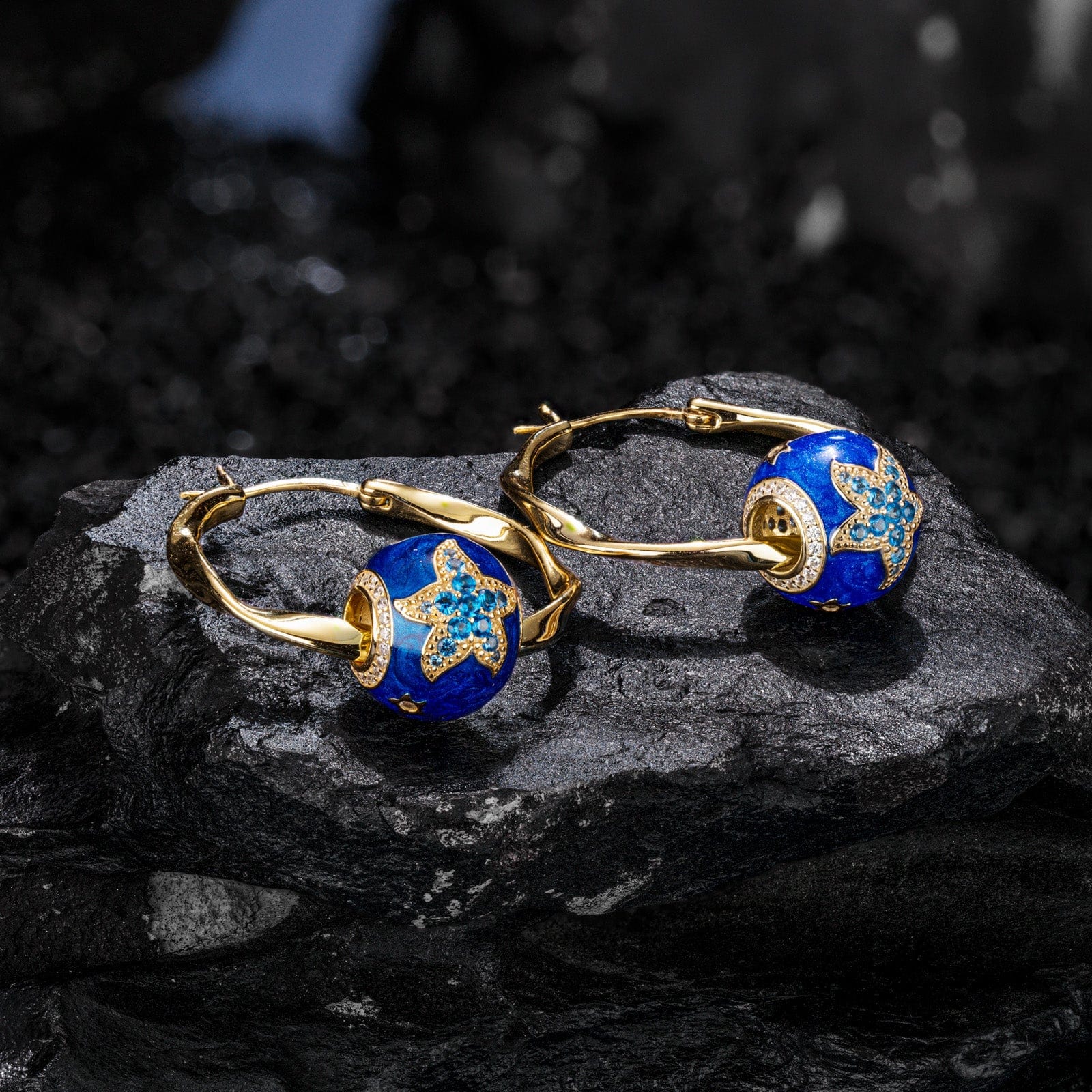 [💥As @ginagoingsilver's Pick] Cute Blue Starfish Tarnish-resistant Silver Charms Earrings Set with Enamle M size Classic Hoop Earrings with Sterling Silver Ear Post In 14K Gold Plated - Image 3