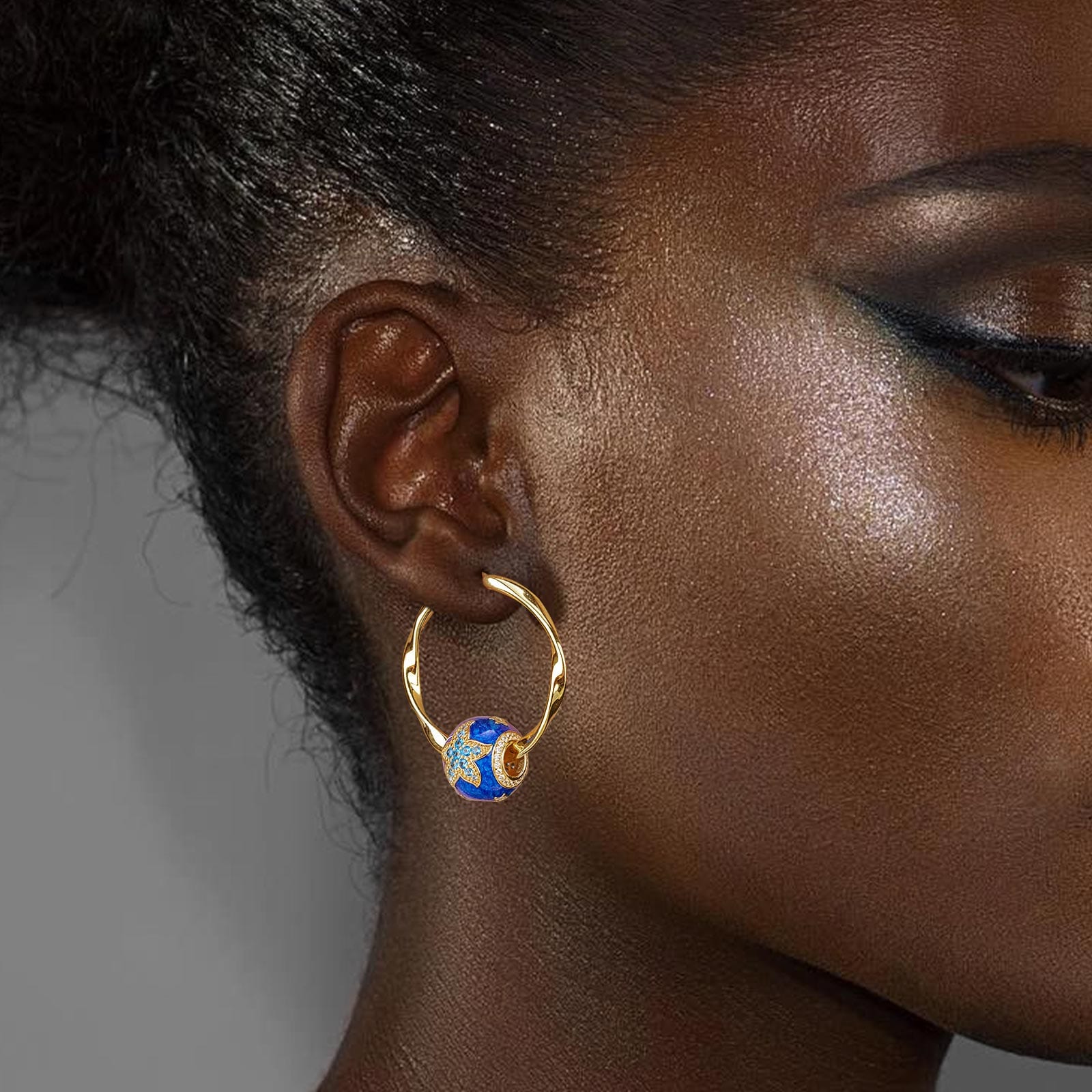 [💥As @ginagoingsilver's Pick] Cute Blue Starfish Tarnish-resistant Silver Charms Earrings Set with Enamle M size Classic Hoop Earrings with Sterling Silver Ear Post In 14K Gold Plated - Image 4