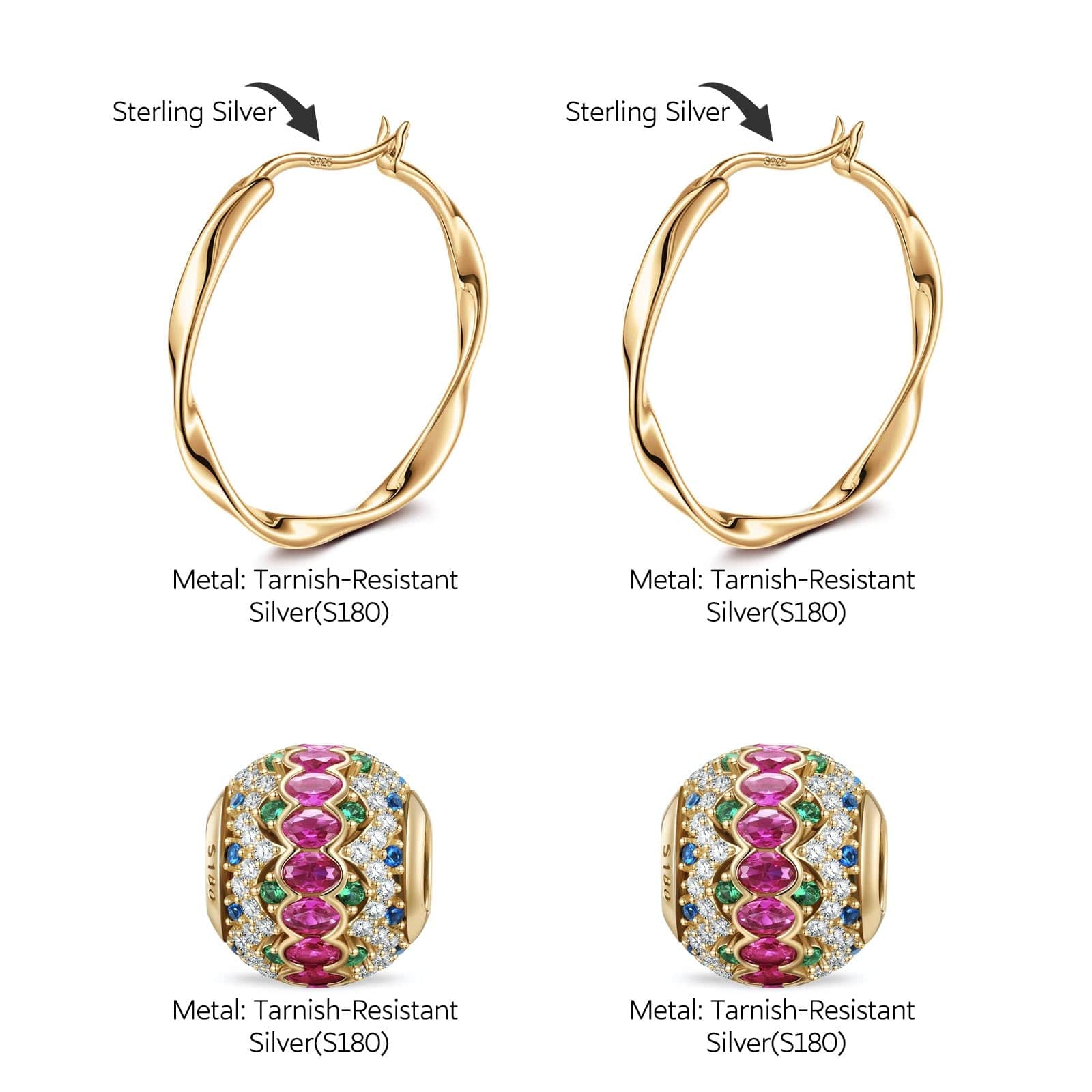 Holiday Night Sparkle Tarnish-resistant Silver Charms Earrings Set With Classic Hoop Earrings with Sterling Silver Ear Post In 14K Gold Plated - Image 2