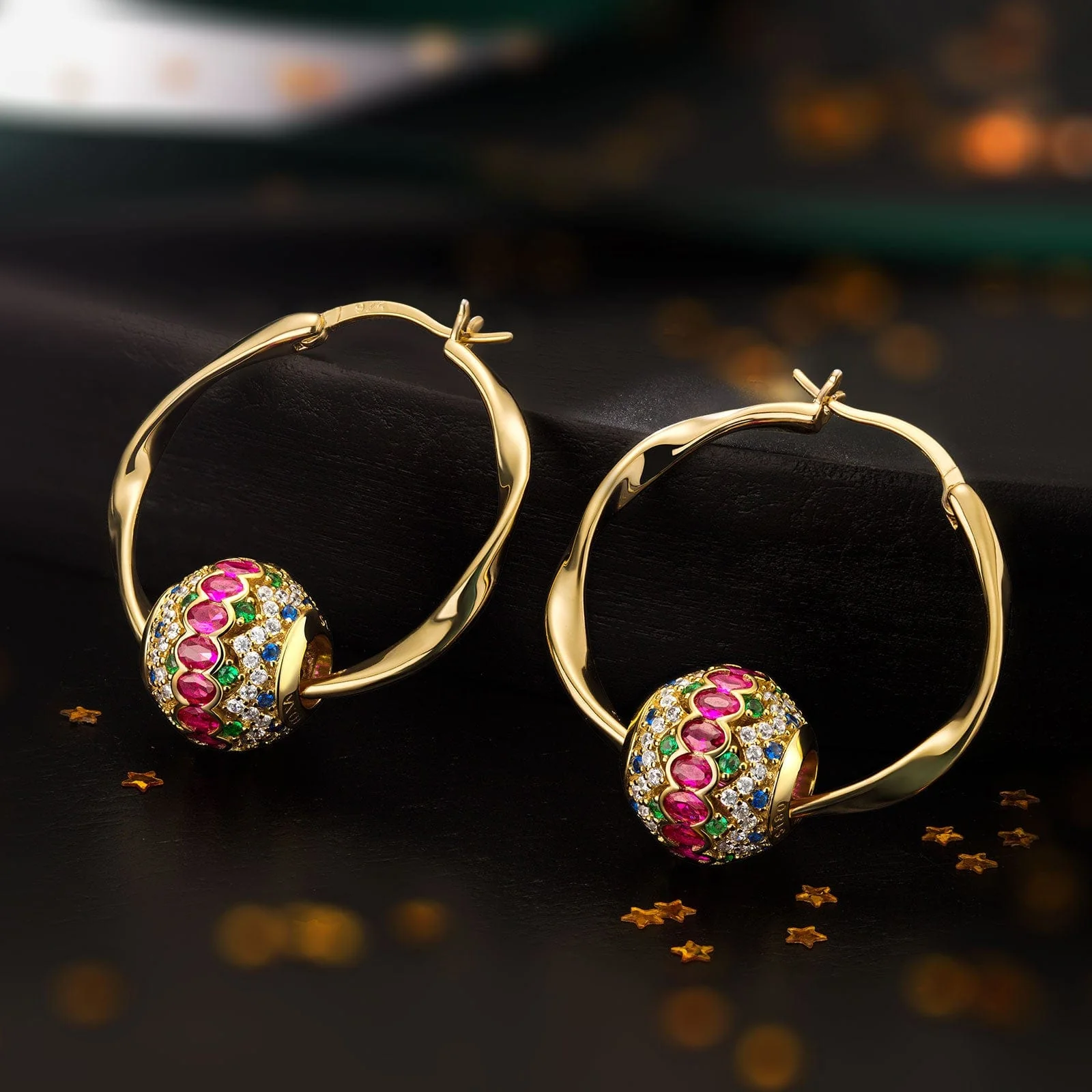 Holiday Night Sparkle Tarnish-resistant Silver Charms Earrings Set With Classic Hoop Earrings with Sterling Silver Ear Post In 14K Gold Plated - Image 3