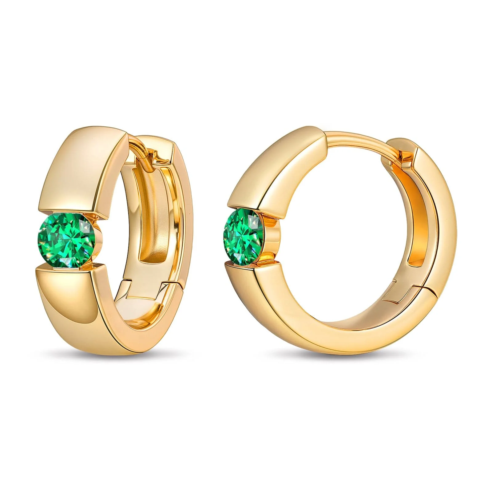 Tarnish-resistant Silver Lab-Grown Emerald Classic Hoop Earrings with Sterling Silver Ear Post In 14K Gold Plated
