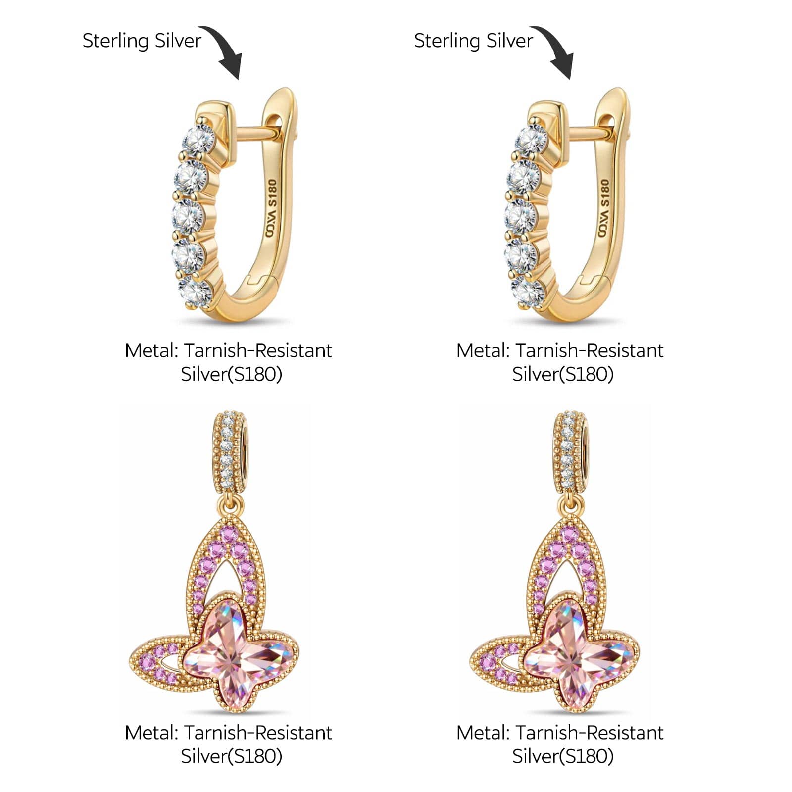 Graceful Butterfly Pink Tarnish-resistant Silver Drop Earrings In 14K Gold Plated - Image 2