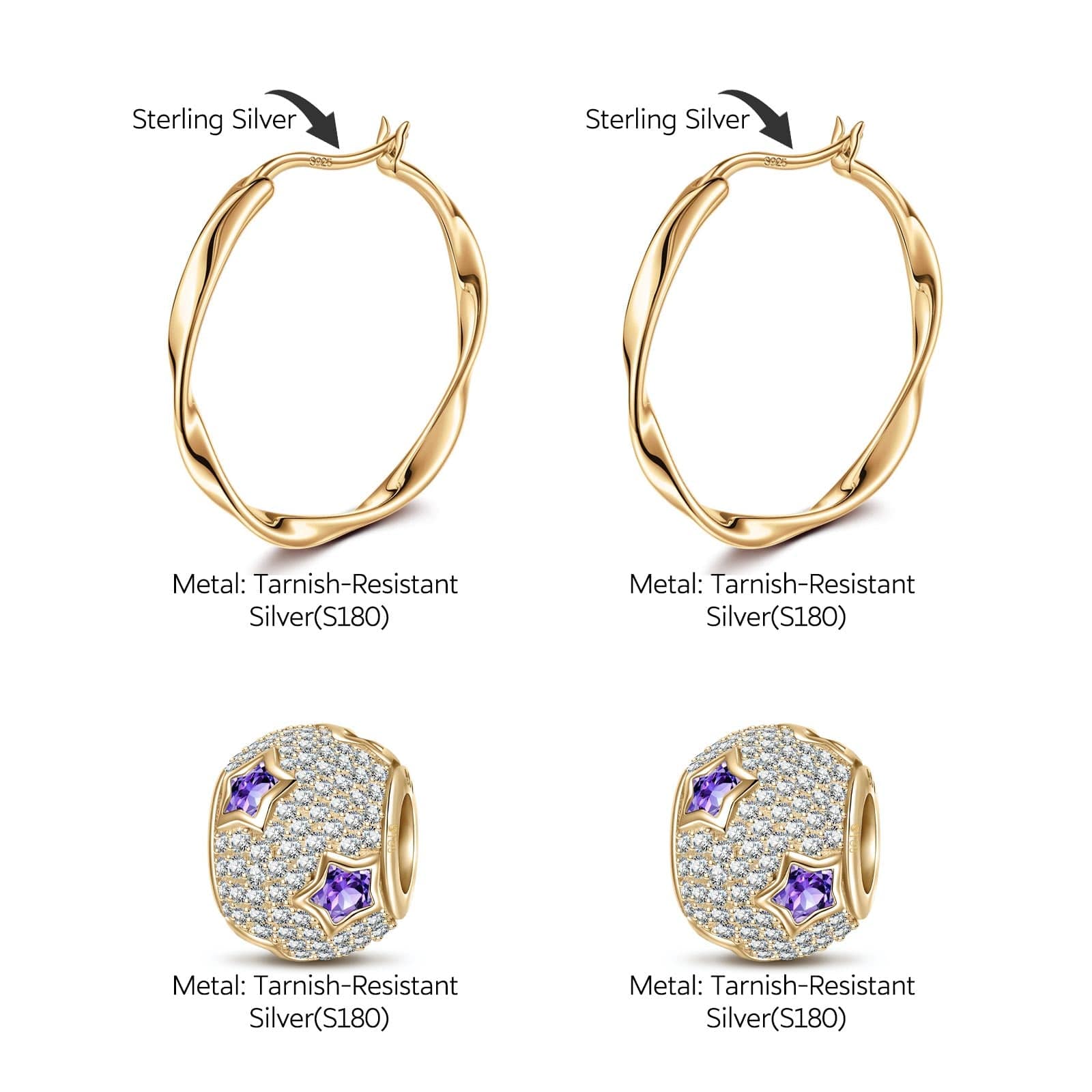 Purple Star Tarnish-resistant Silver Charms Earrings Set M Size Classic Hoop Earrings with Sterling Silver Ear Post In 14K Gold Plated - Image 4