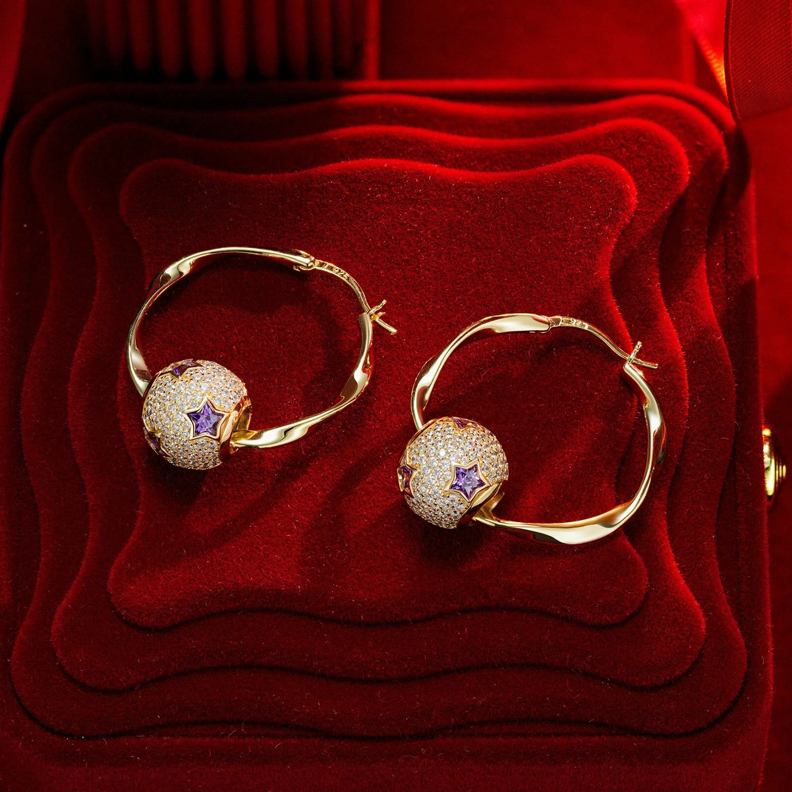 Purple Star Tarnish-resistant Silver Charms Earrings Set M Size Classic Hoop Earrings with Sterling Silver Ear Post In 14K Gold Plated - Image 6