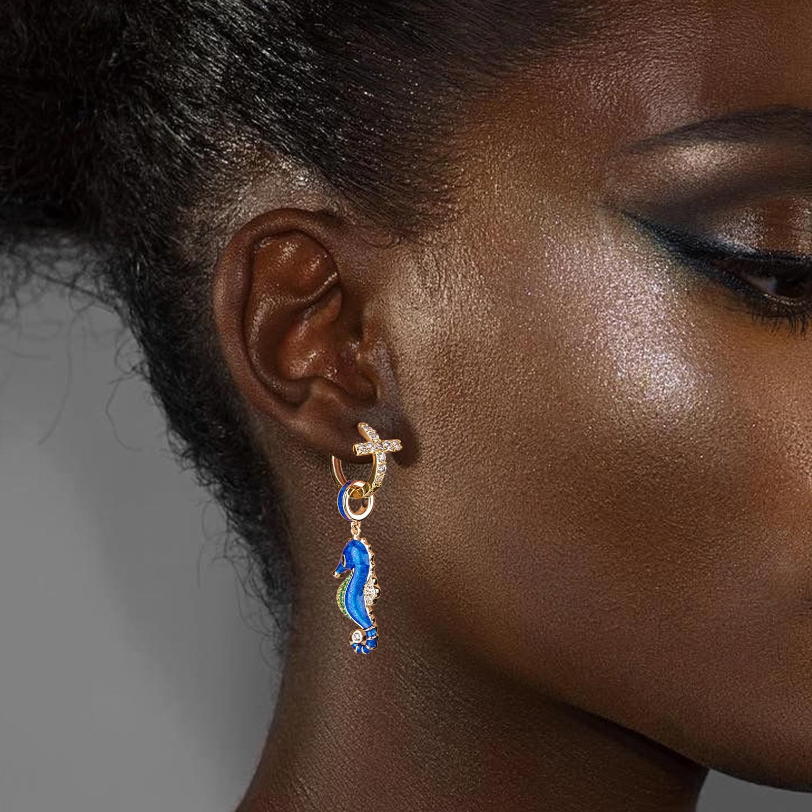 [💥As @katstyle42's Pick] Sterling Silver Blue Seahorse Hoop Earrings With Enamel In 14K Gold Plated - Image 4