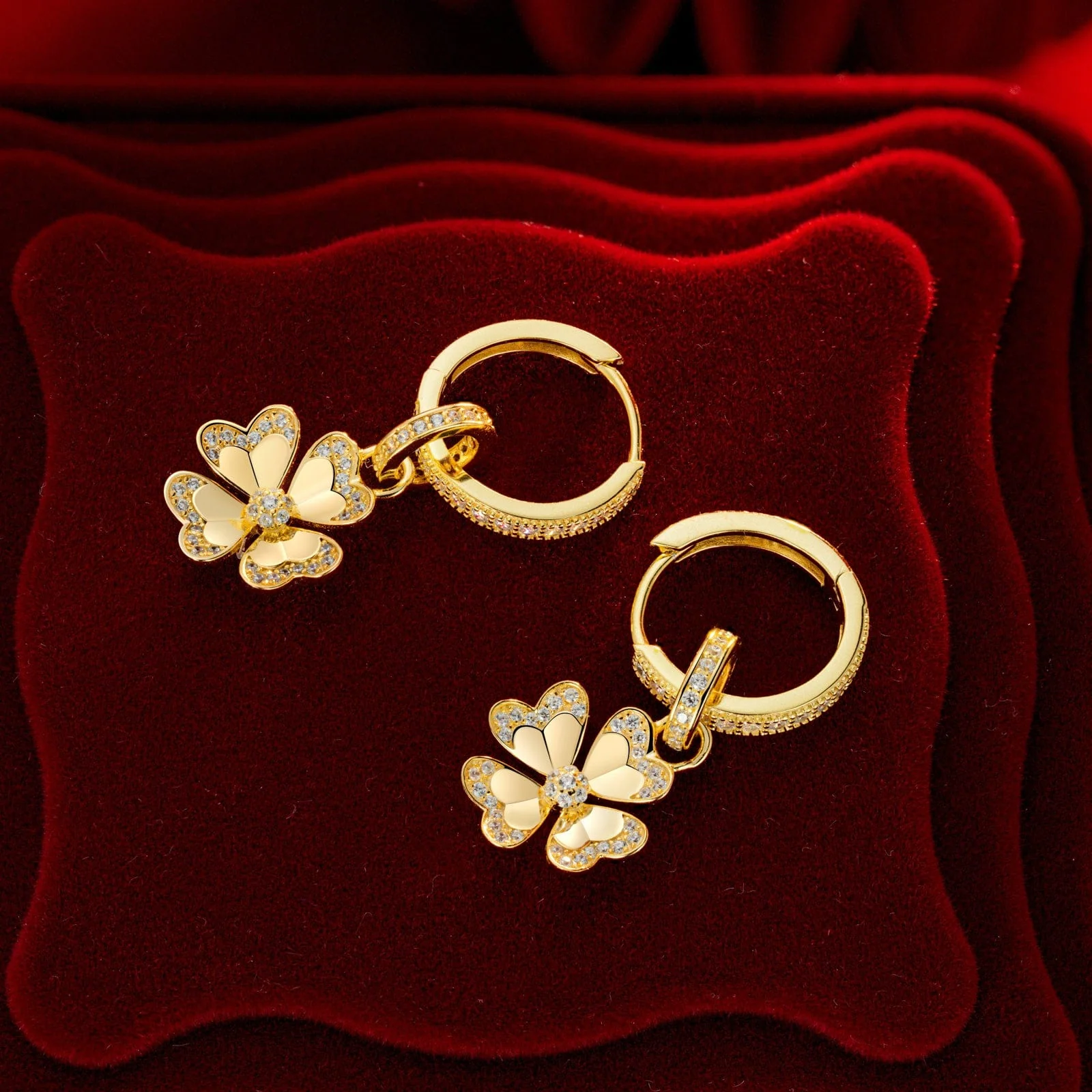 Sterling Silver Lucky Clover Hoop Earrings In 14K Gold Plated - Image 7