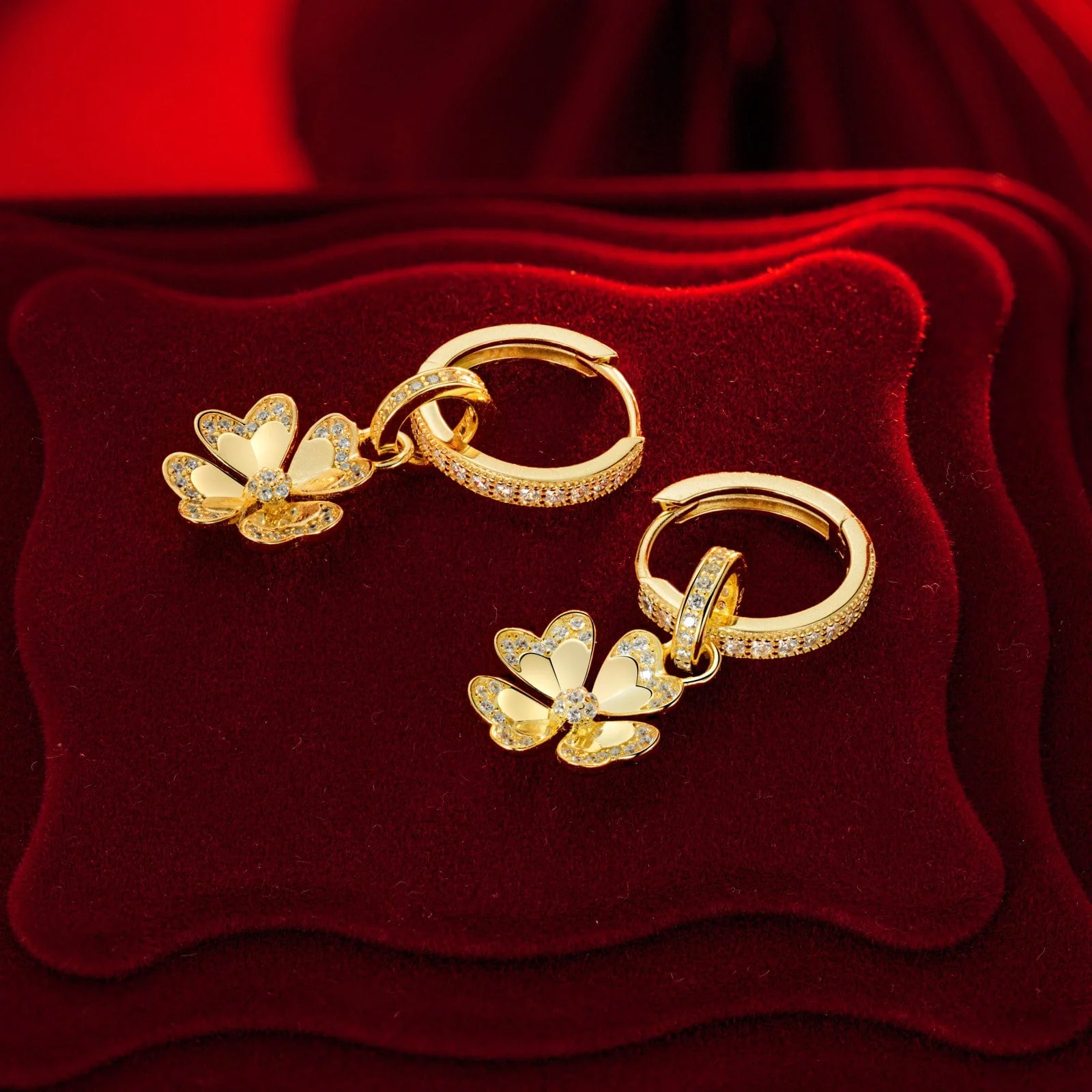 Sterling Silver Lucky Clover Hoop Earrings In 14K Gold Plated - Image 8