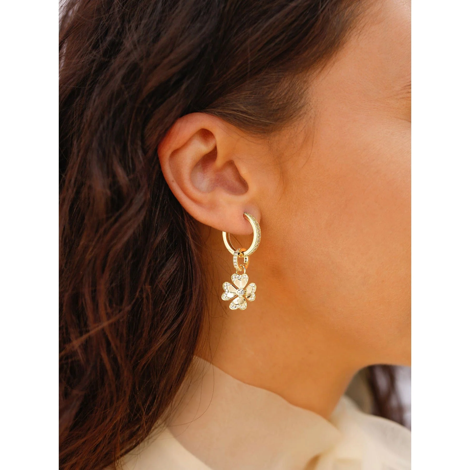 Sterling Silver Lucky Clover Hoop Earrings In 14K Gold Plated - Image 9