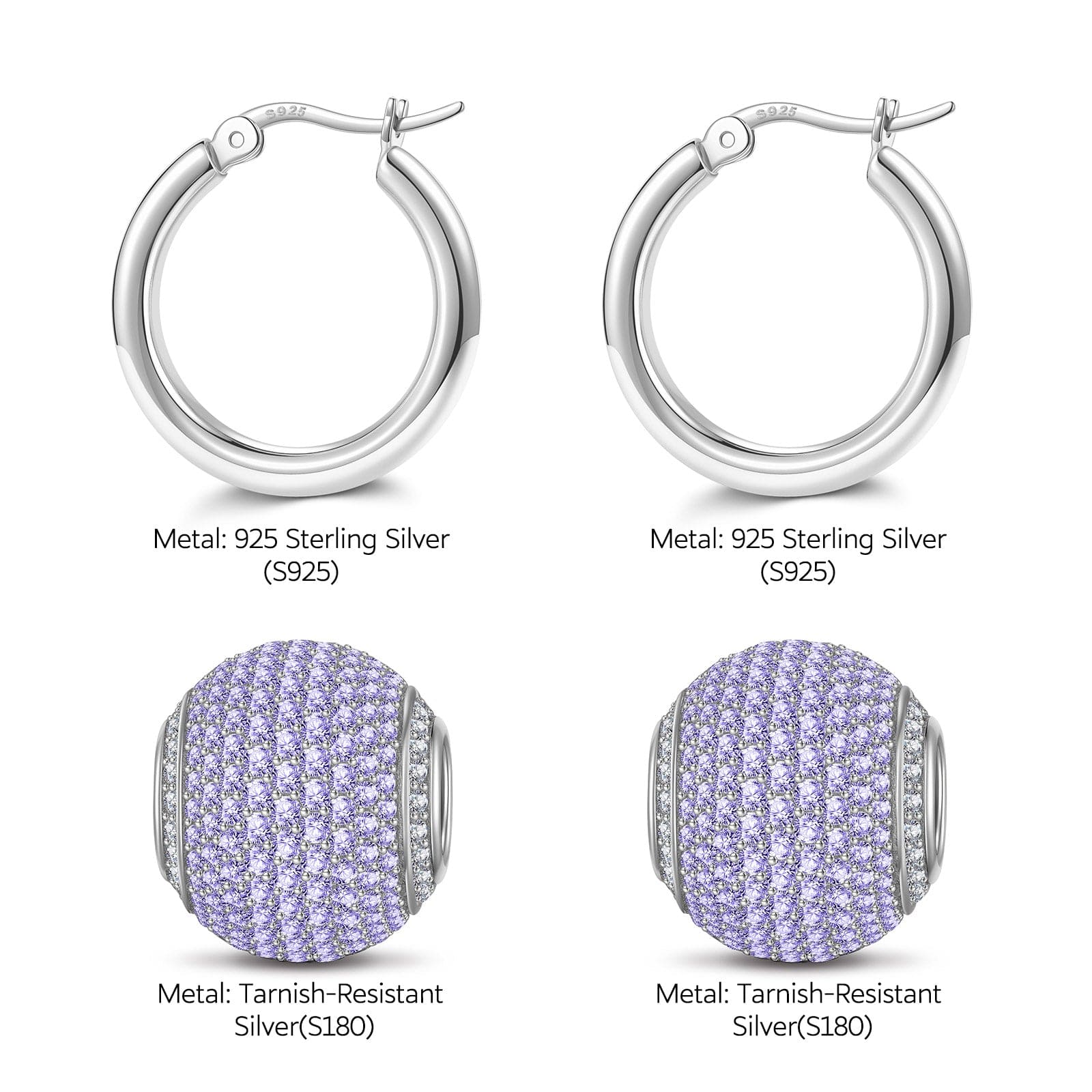 Sterling Silver Purple Zirconia Minimalist Hoop Earrings In White Gold Plated - Image 3