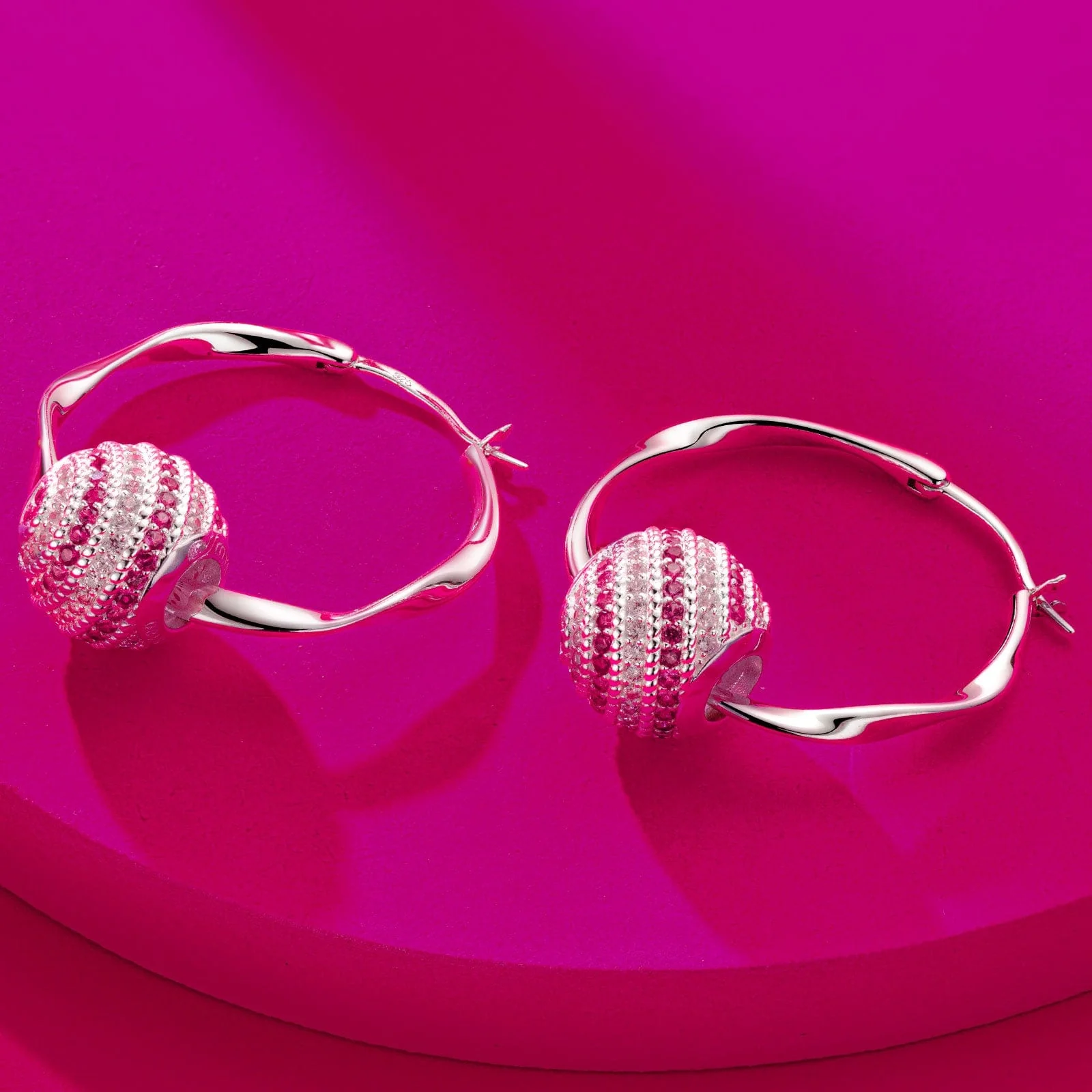 Summer Barbiecore Tarnish-resistant Silver Charms Earrings Set L size Classic Hoop Earrings with Sterling Silver Ear Post In White Gold Plated - Image 3