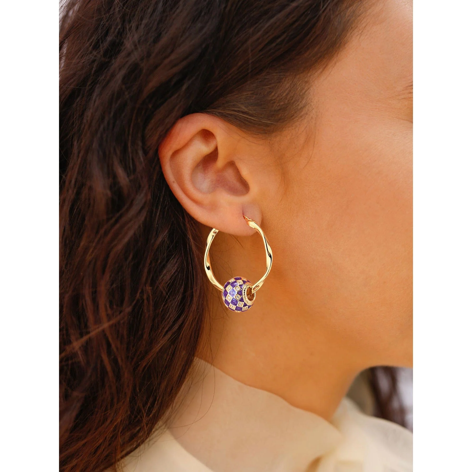 [💥As @mygreatchallenge's Pick] Purple Magic City Tarnish-resistant Silver Charms Earrings Set M Size Classic Hoop Earrings with Sterling Silver Ear Post With Enamel In 14K Gold Plated - Image 6
