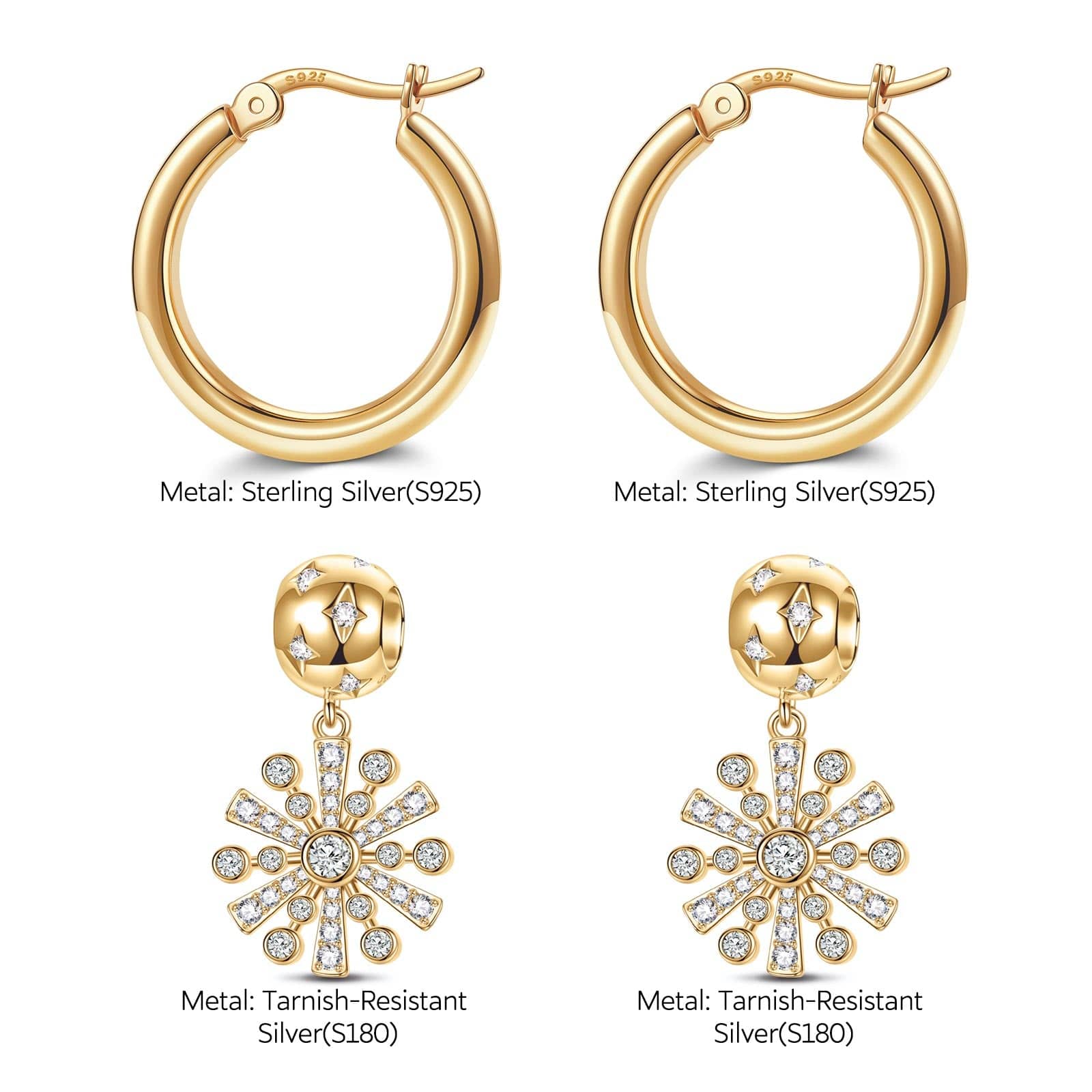 Sterling Silver Earrings Set with Tarnish-resistant Silver Golden Snowflake Charms In 14K Gold Plated - Image 3