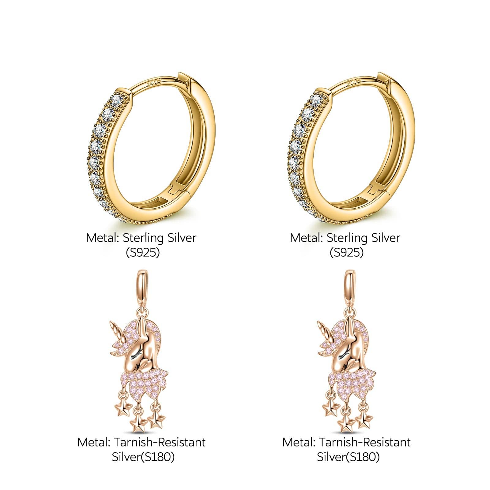 Sterling Silver Pink Unicorn Charms Earrings Set, Featuring Dual Plating in Rose Gold and 14K Gold - Image 3