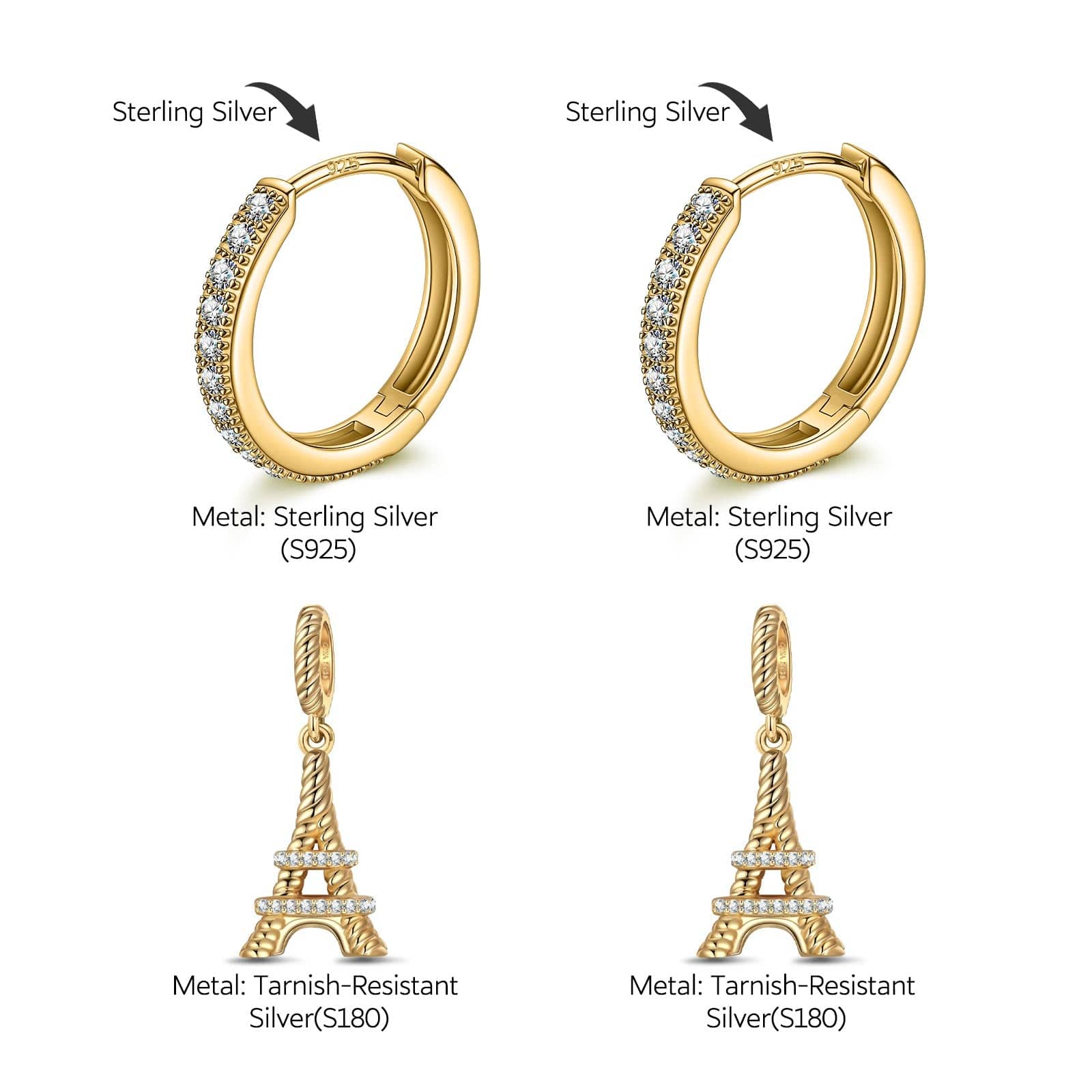 Sterling Silver Vitality of Paris Charms Earrings Set In 14K Gold Plated - Image 2