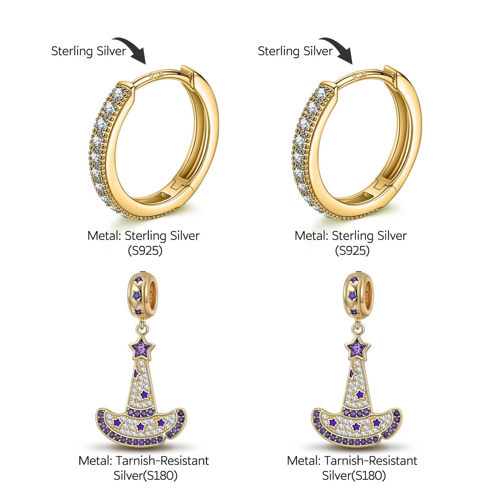 Sterling Silver Cute Witch Hat Charms Earrings Set In 14K Gold Plated - Image 2