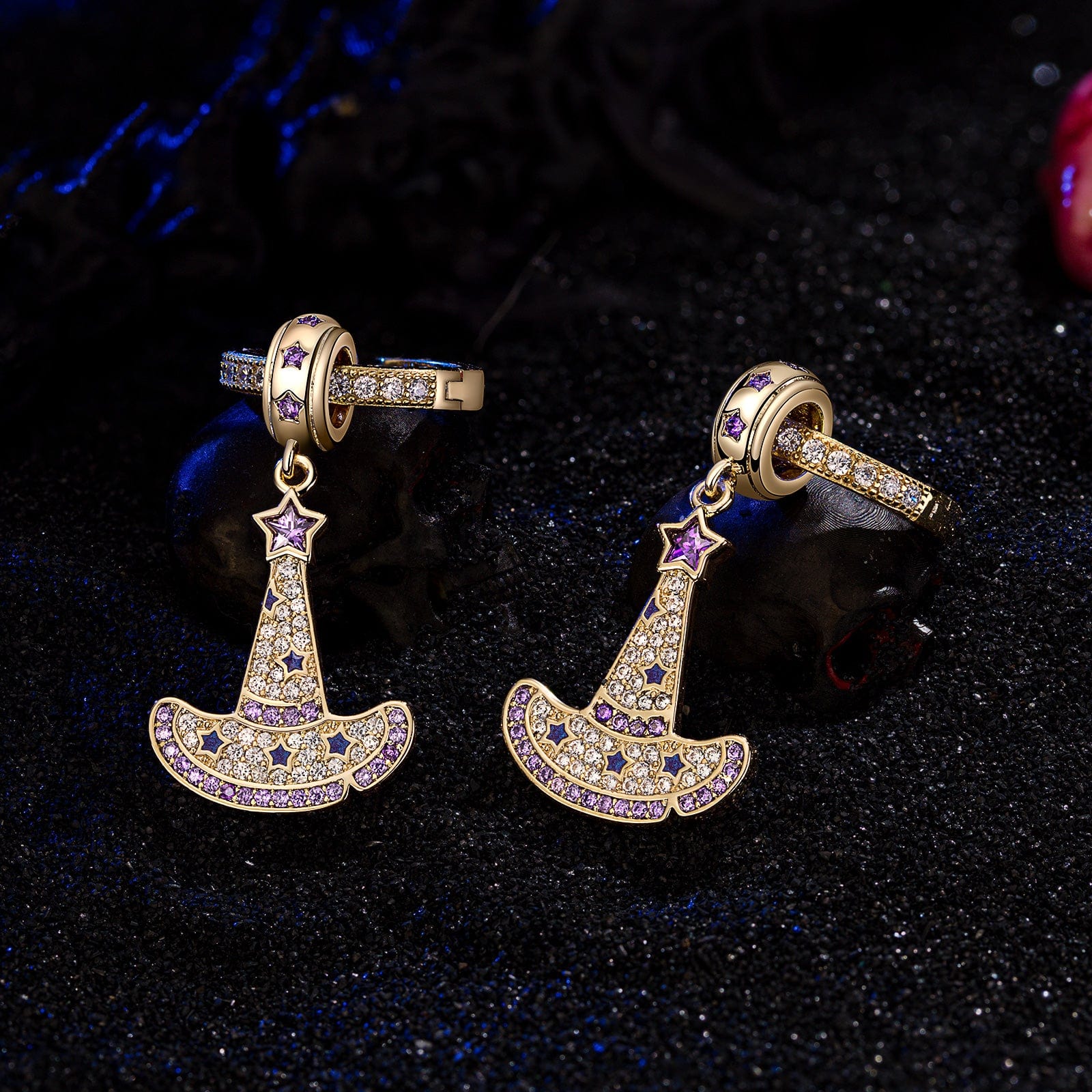 Sterling Silver Cute Witch Hat Charms Earrings Set In 14K Gold Plated - Image 4