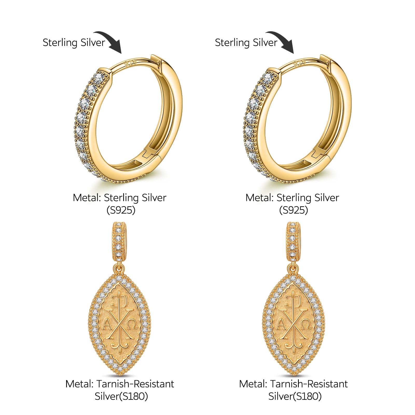 Sterling Silver Sacred Symbols Charms Earrings Set In 14K Gold Plated - Image 3