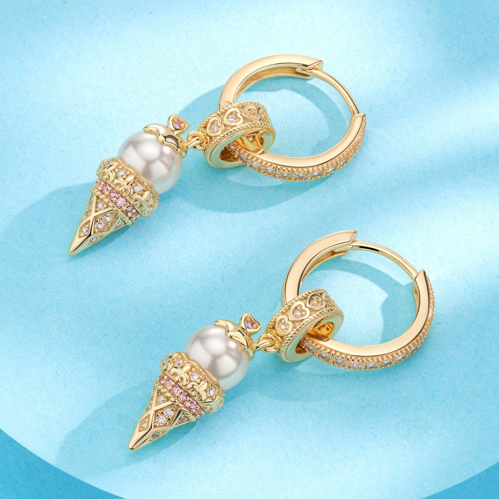 Sterling Silver Pearl Ice Cream Charms Earrings Set In 14K Gold Plated - Image 2