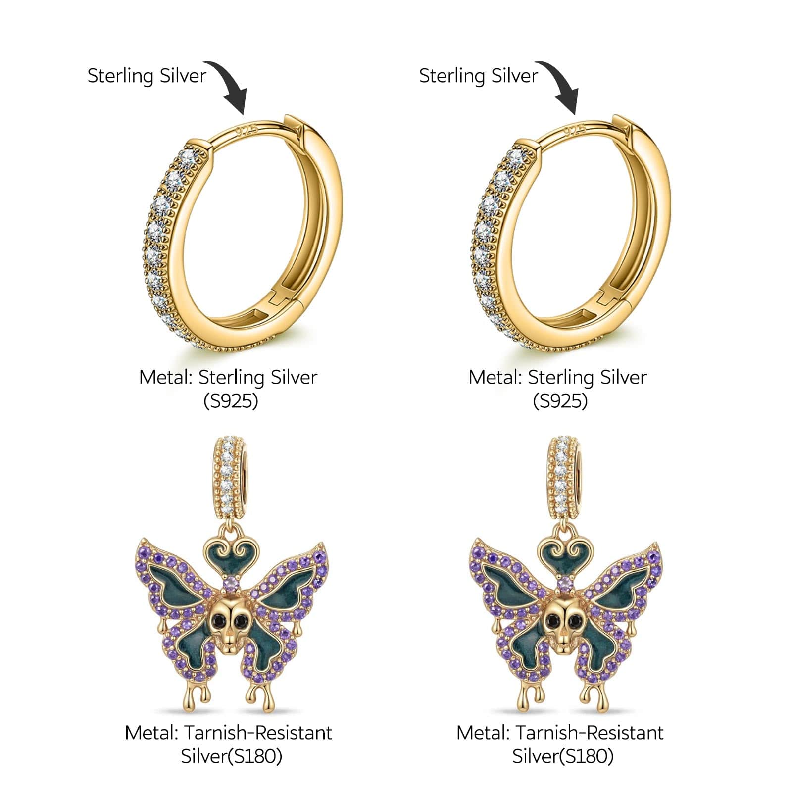 Sterling Silver Macabre Monarch Charms Earrings Set With Enamel In 14K Gold Plated - Image 2