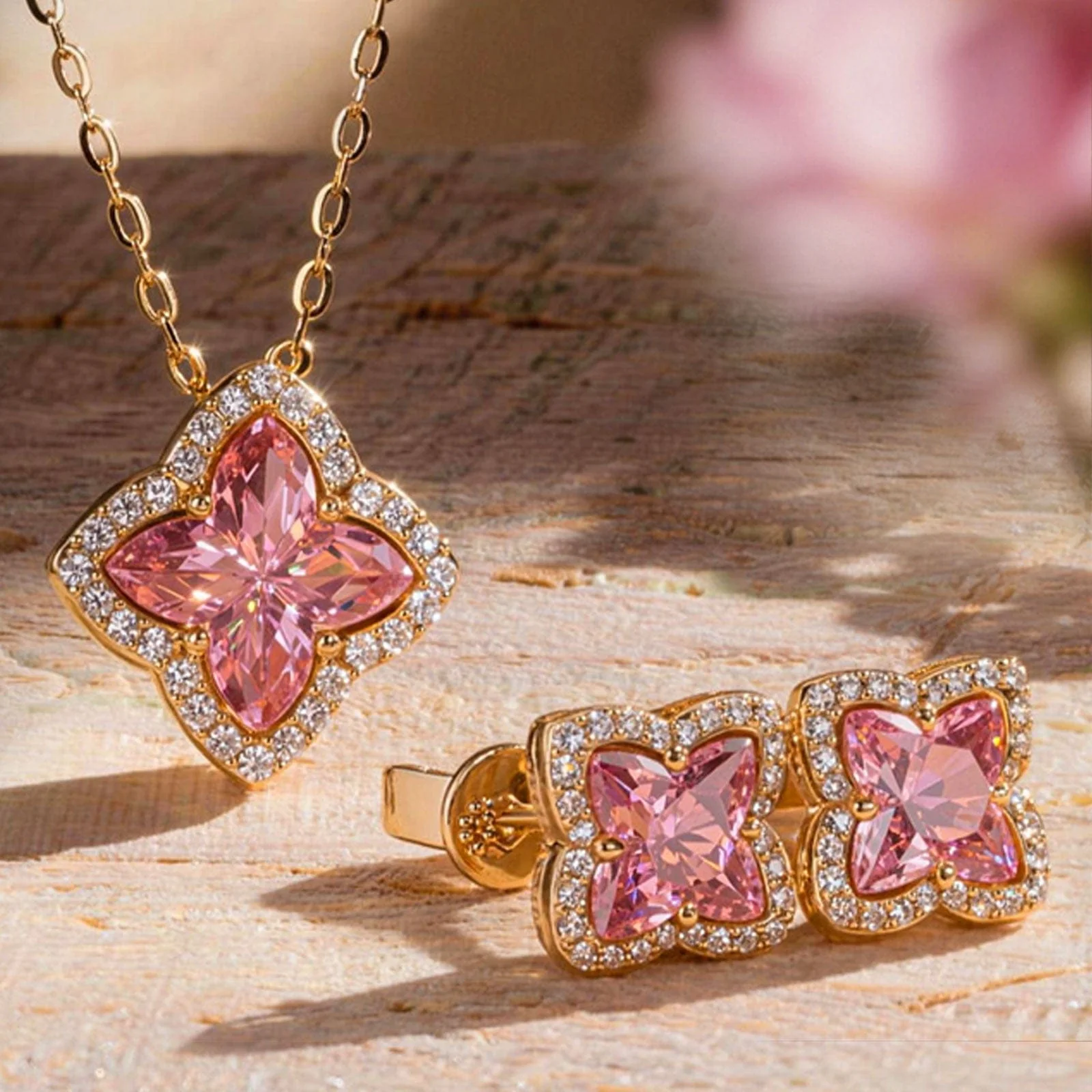 Sterling Silver Light Champagne 14K Gold Plated Padparadscha Four-Leaf Clover Cut Zircon Necklace and Earrings Set