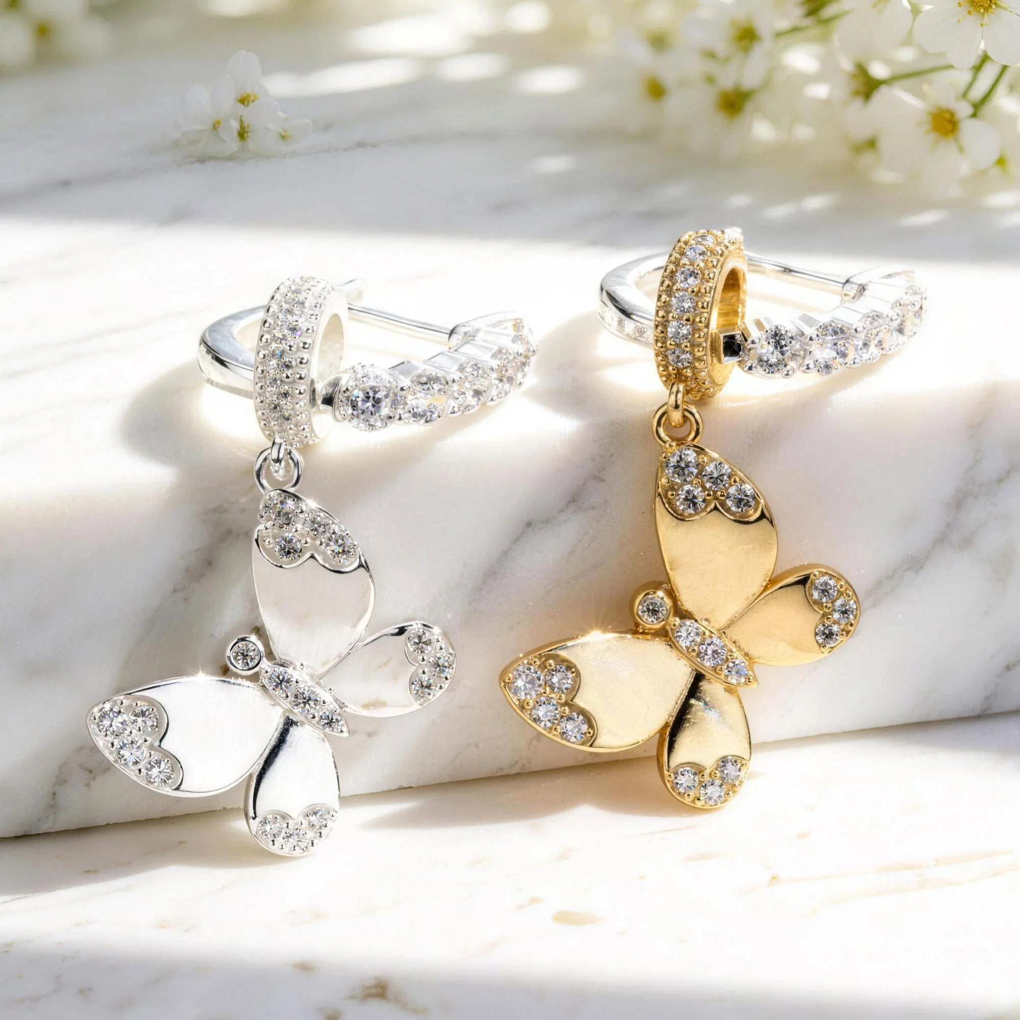 Sterling Silver Radiant Butterfly Drop Hoop Earrings  Two-Tone Design · White Gold Hoops & Golden Butterfly Charms (Includes All Earrings Shown)