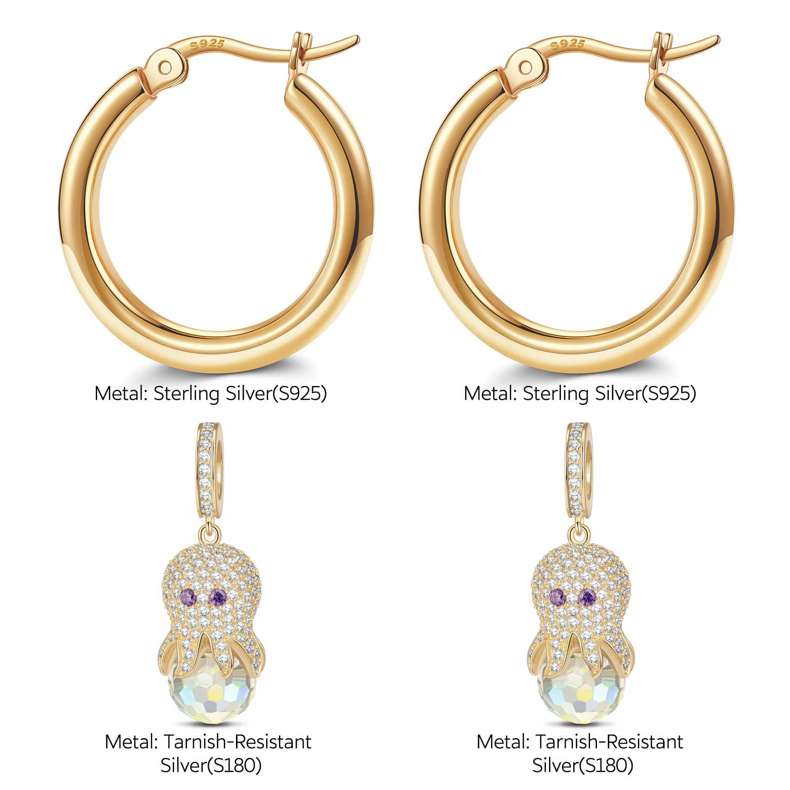 Sterling Silver Cute Octopus Charms Earrings Set In 14K Gold Plated - Image 2