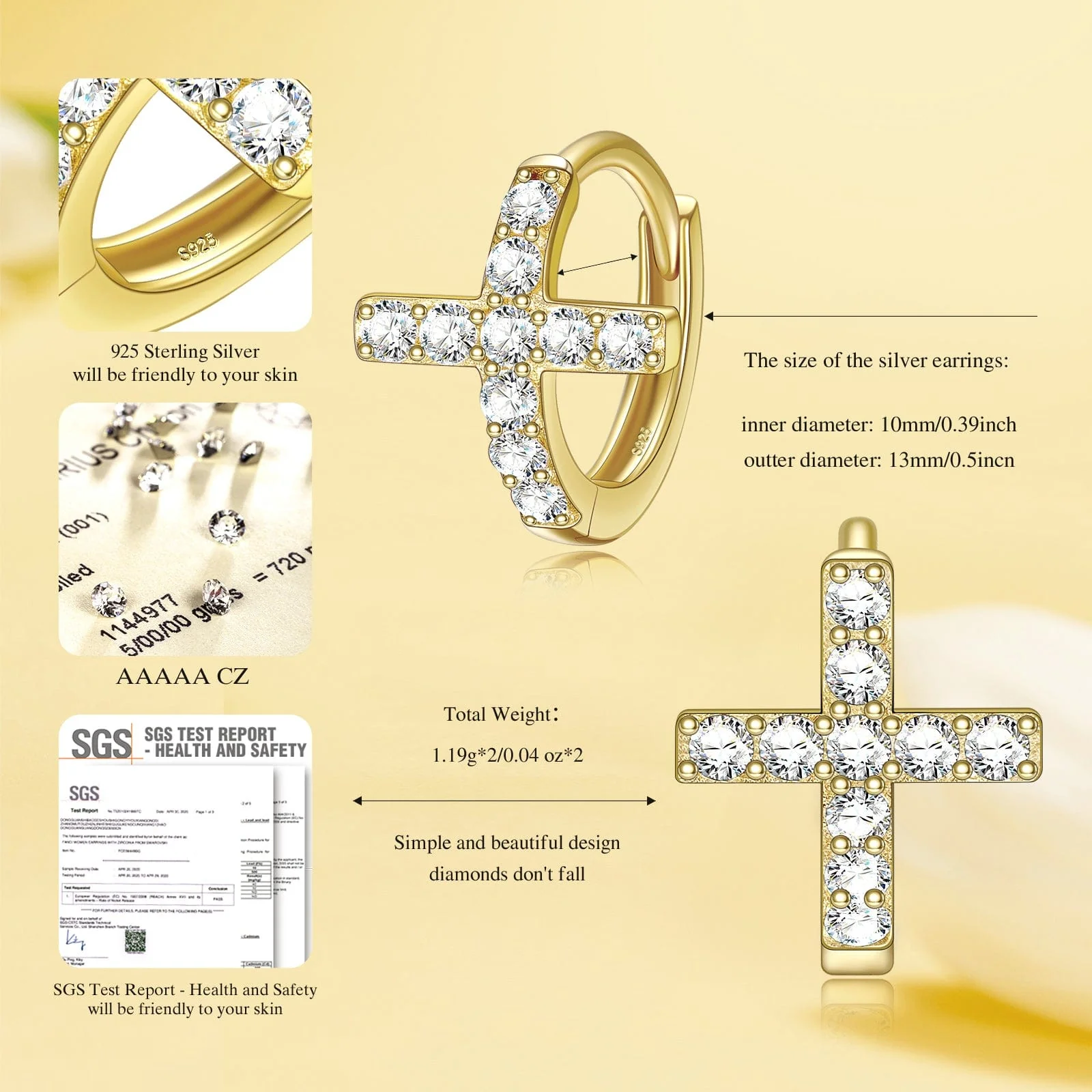 Sterling Silver Personalised Golden Cross Earrings In 14K Gold Plated - Image 5
