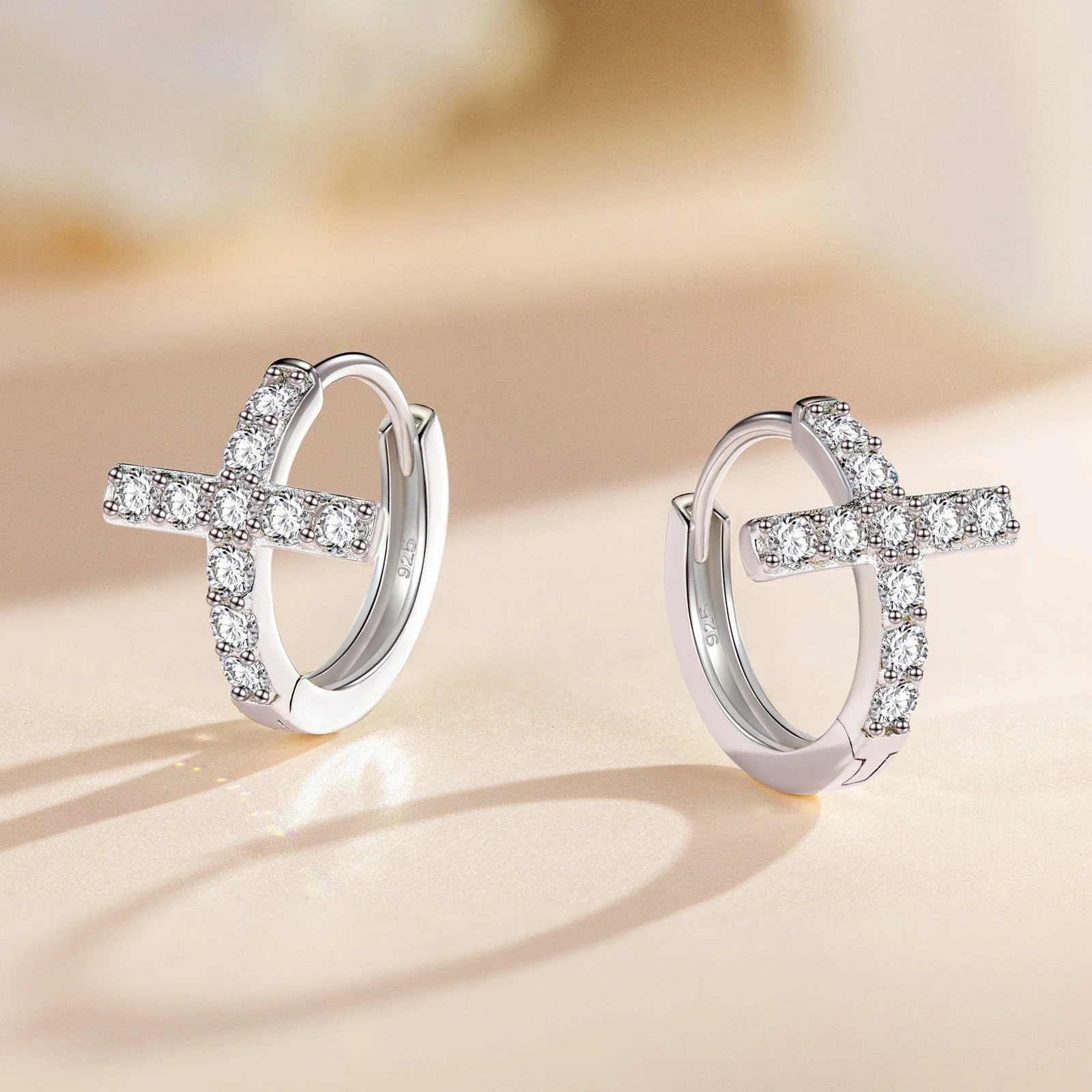 Sterling Silver Cross Hoop Earrings In White Gold Plated - Image 3