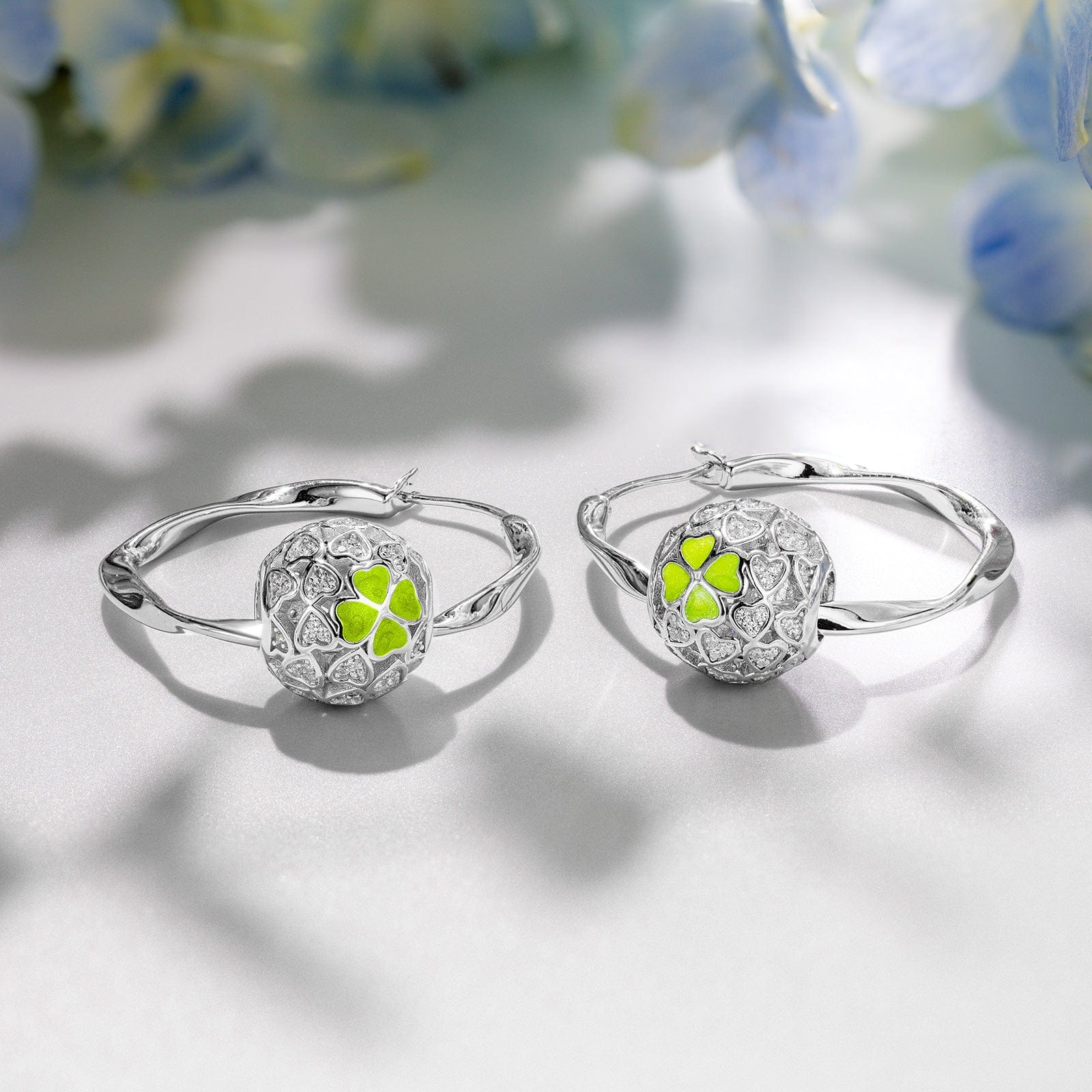 Sterling Silver Green Four Leaf Clover Charms Earrings Set With Enamel In White Gold Plated - Image 2