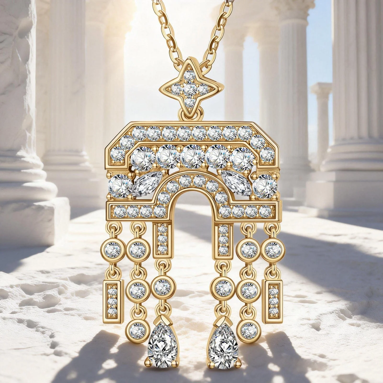 Sterling Silver Necklace Chain Arch of Triumph Tarnish-resistant Silver Tassels Pendant Necklace In 14K Gold Plated