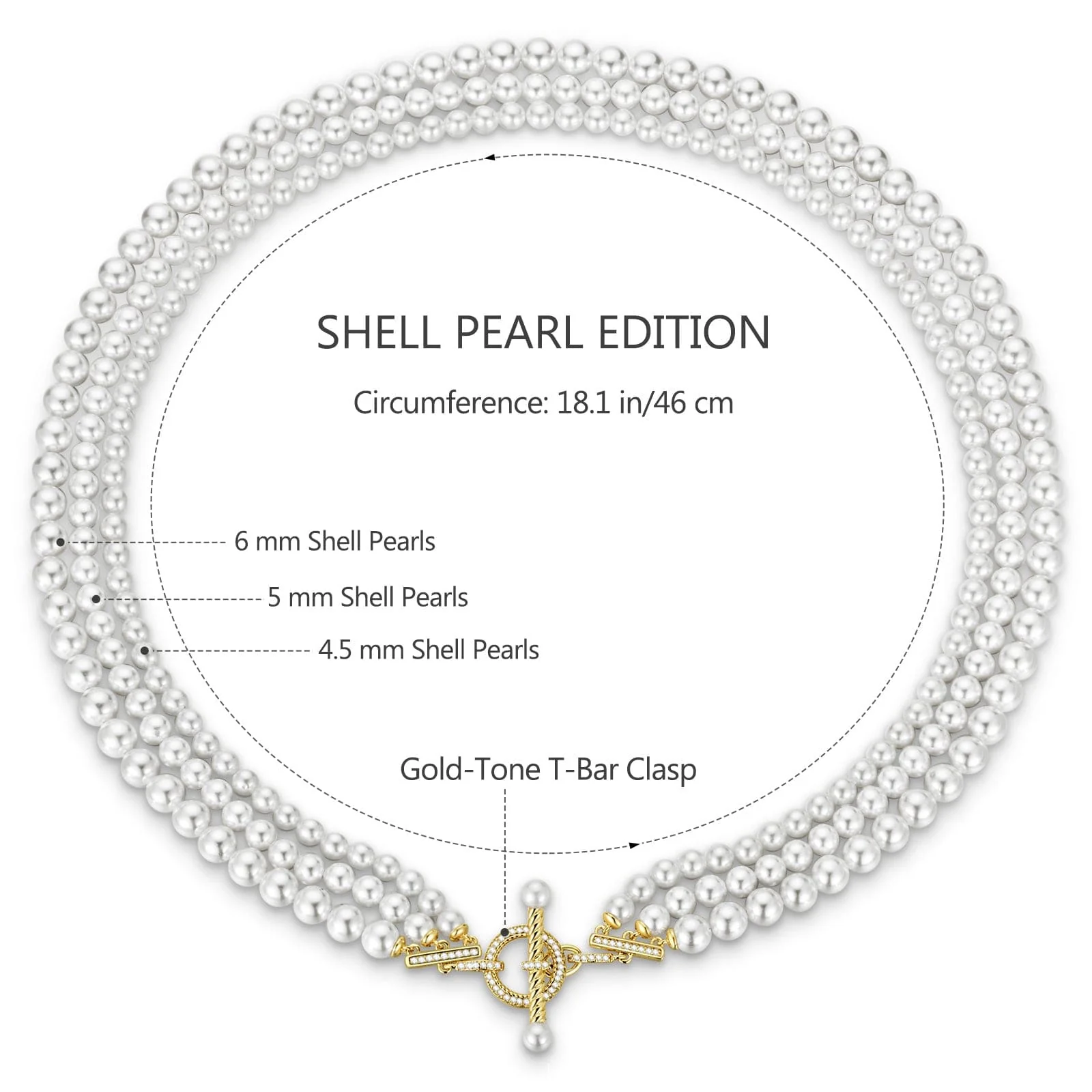 Tarnish-resistant Silver Vintage-Inspired Triple Row Pearl Necklace with Gold-Tone T-Bar Clasp - Created With 4.5mm-6mm Shell Pearls - Image 3