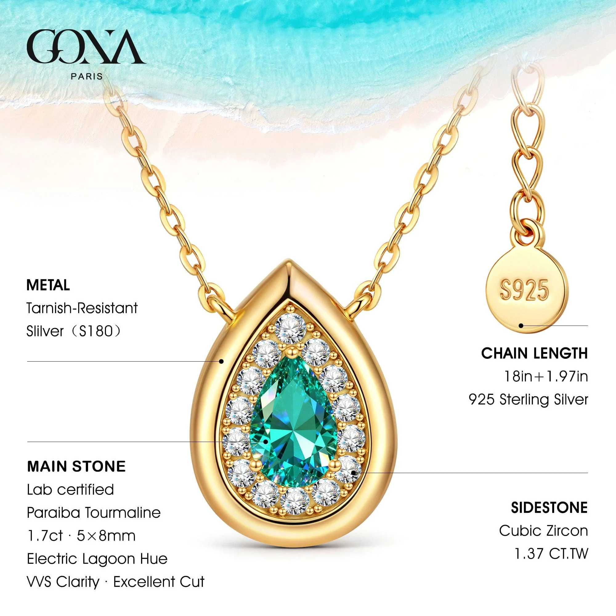 Sterling Silver Teardrop Necklace with Green Paraiba Tourmaline In 14K Gold Plated (Includes GRC Certification from Gemstone Research Center) - Image 5