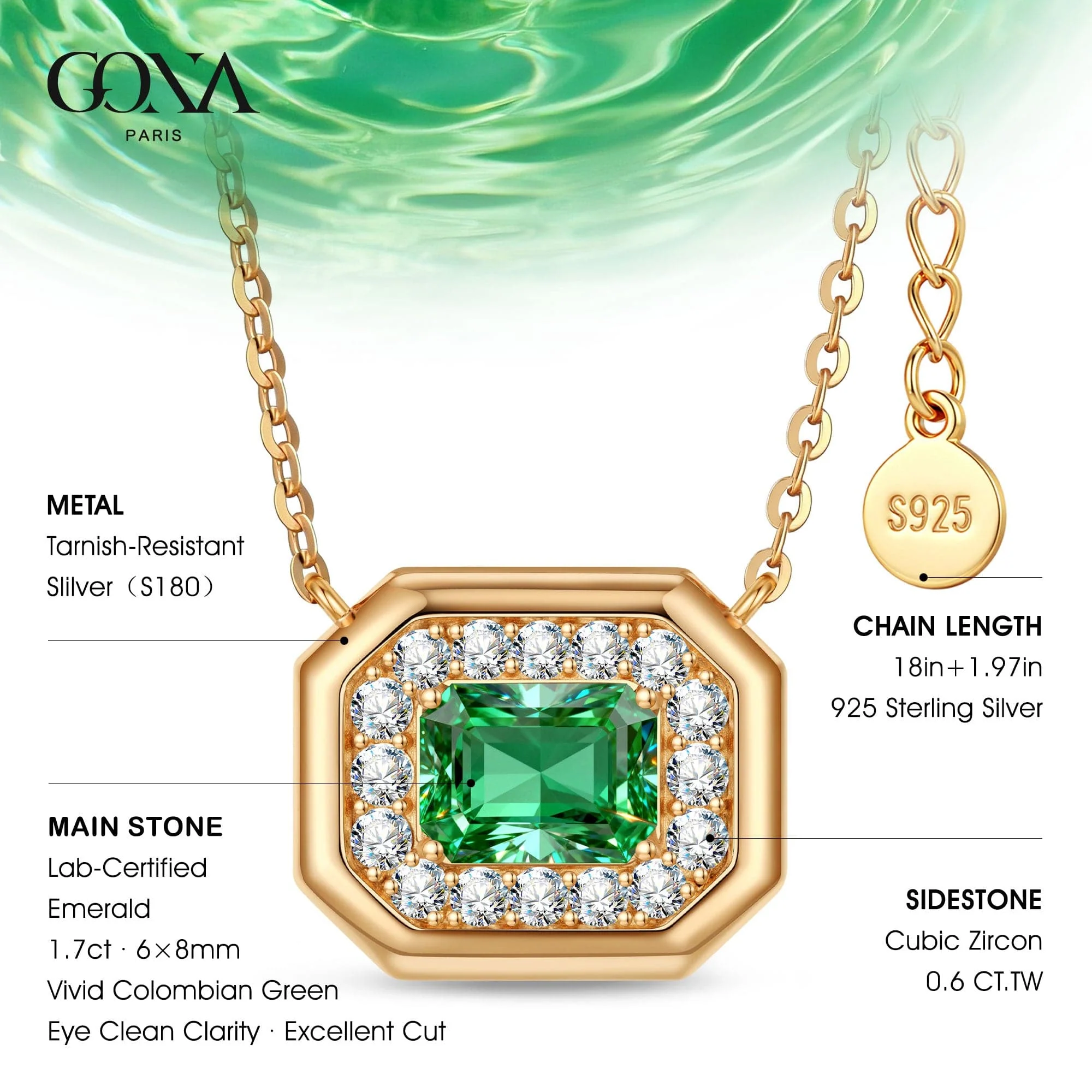 Sterling Silver Emerald Pendant Necklace In 14K Gold Plated (Includes GRC Certification from Gemstone Research Center) - Image 5