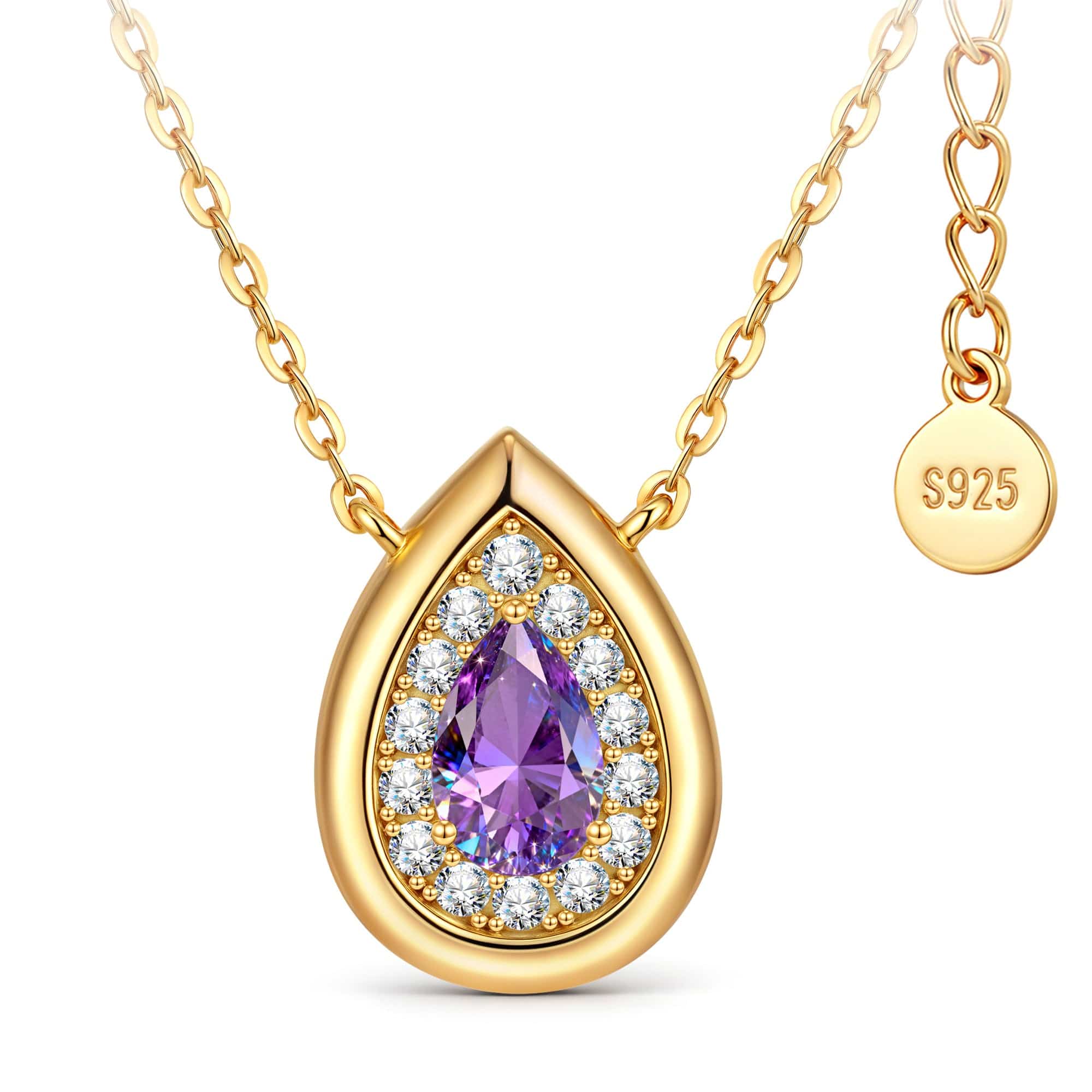Sterling Silver Teardrop Necklace with Purple Sapphire In 14K Gold Plated (Includes GRC Certification from Gemstone Research Center)