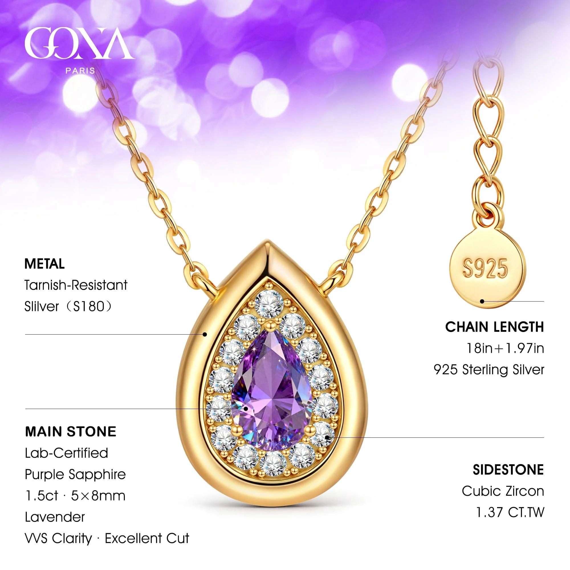 Sterling Silver Teardrop Necklace with Purple Sapphire In 14K Gold Plated (Includes GRC Certification from Gemstone Research Center) - Image 3