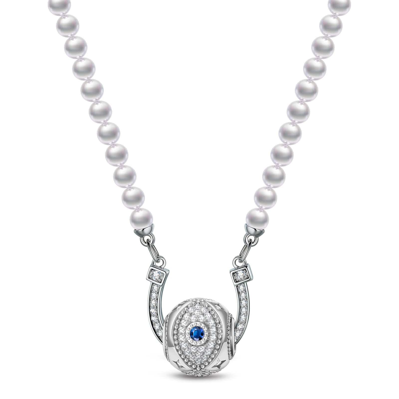 Sterling Silver Horseshoe Pearl Necklace In White Gold Plated - Image 2