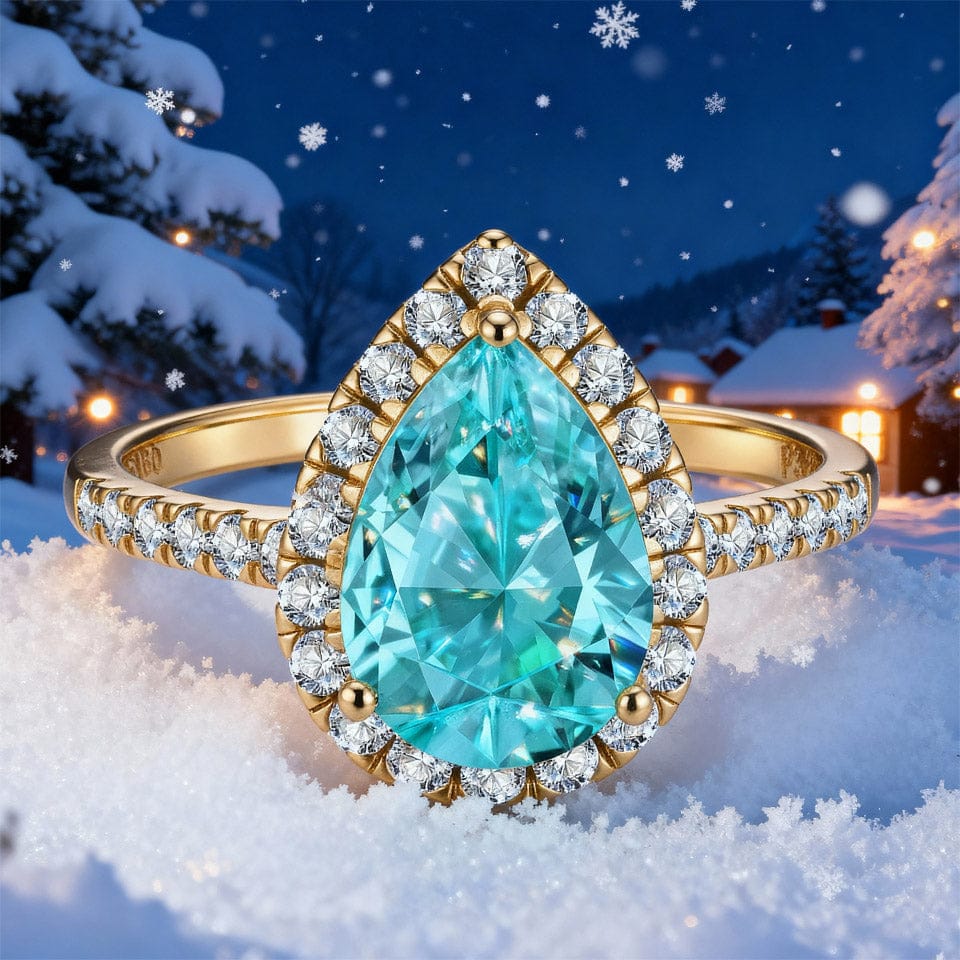 Pear Brilliant Cut Electric Lagoon Hue Lab-Certified Paraiba Tourmaline - Halo Classic Engagement Ring 14K Yellow Gold Plated (Includes GRC Certification from Gemstone Research Center) - Image 2