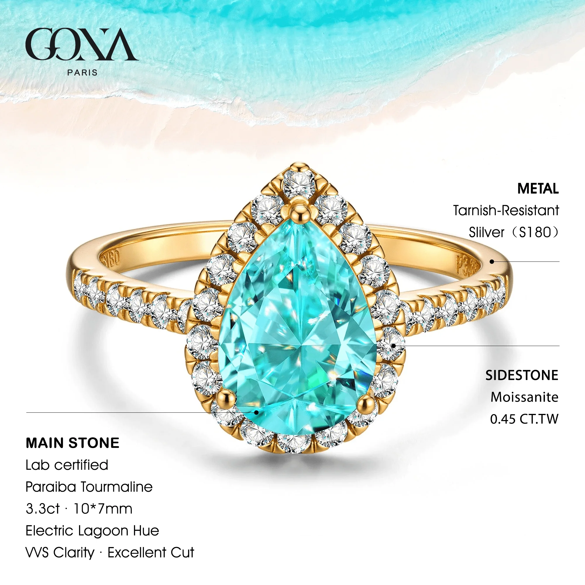Pear Brilliant Cut Electric Lagoon Hue Lab-Certified Paraiba Tourmaline - Halo Classic Engagement Ring 14K Yellow Gold Plated (Includes GRC Certification from Gemstone Research Center) - Image 3