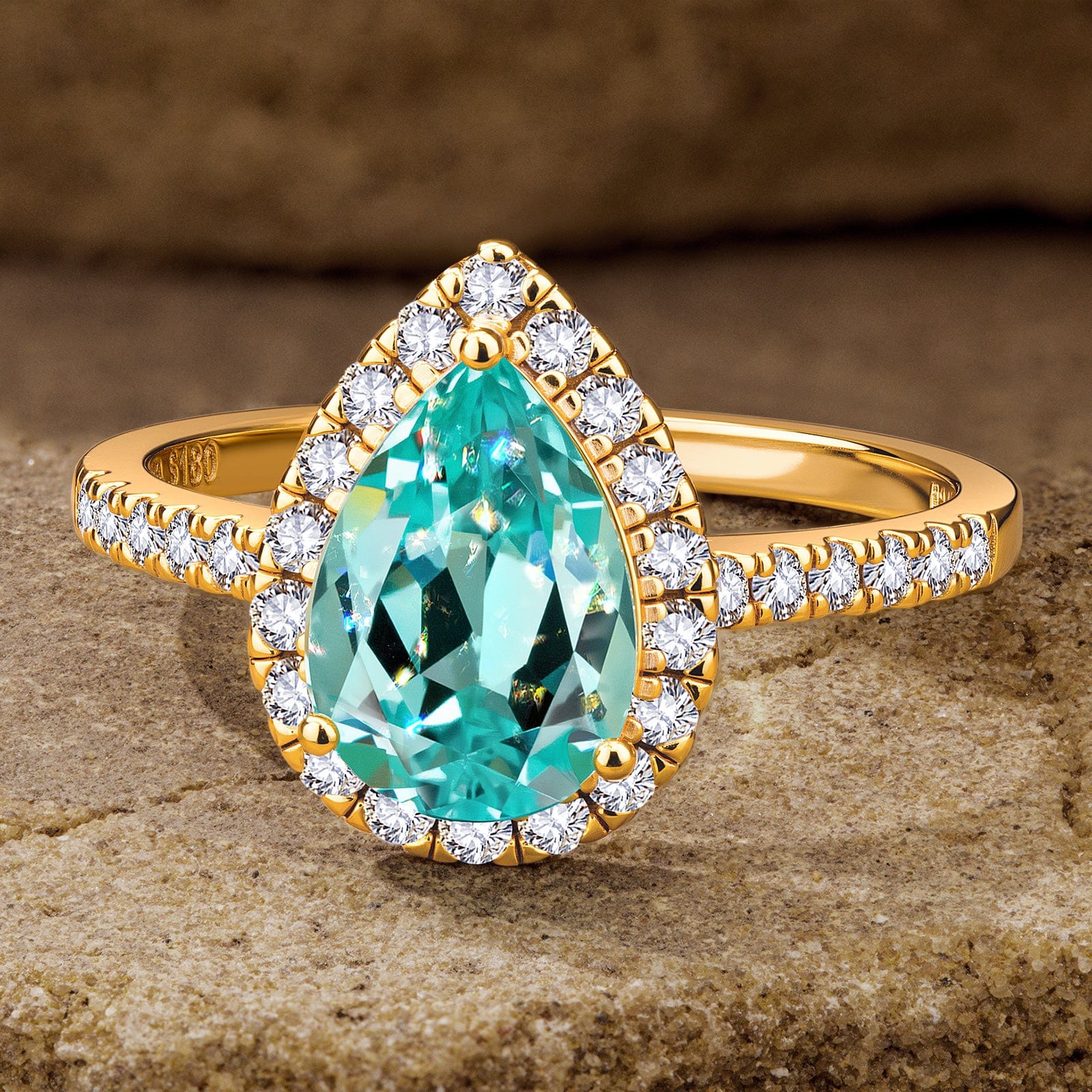 Pear Brilliant Cut Electric Lagoon Hue Lab-Certified Paraiba Tourmaline - Halo Classic Engagement Ring 14K Yellow Gold Plated (Includes GRC Certification from Gemstone Research Center) - Image 6