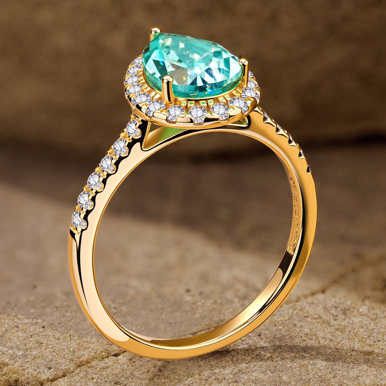 Pear Brilliant Cut Electric Lagoon Hue Lab-Certified Paraiba Tourmaline - Halo Classic Engagement Ring 14K Yellow Gold Plated (Includes GRC Certification from Gemstone Research Center) - Image 7