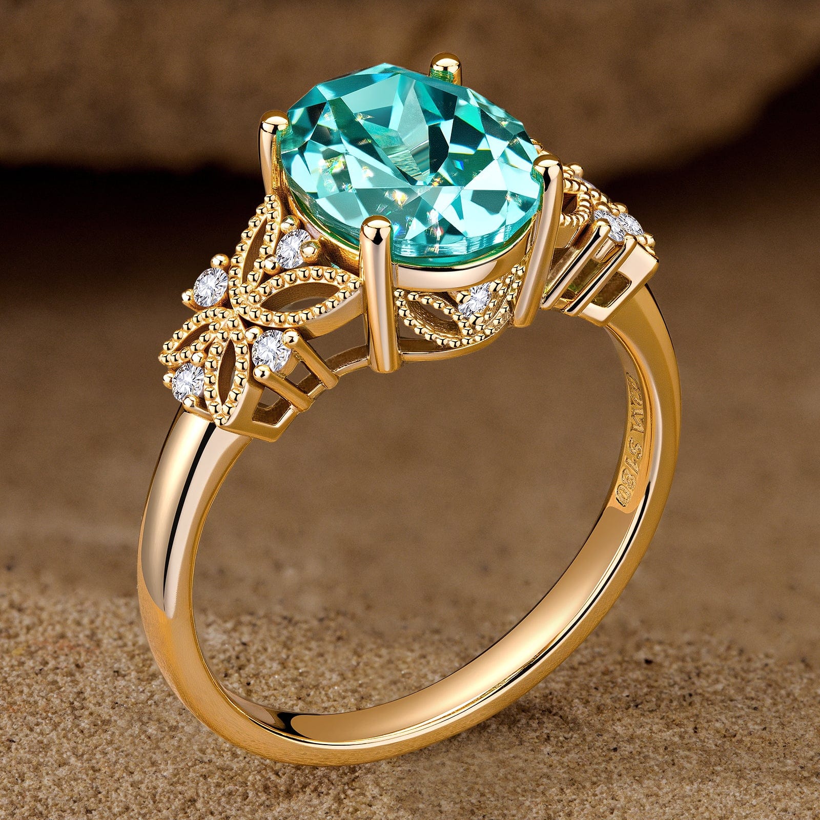Oval Brilliant Cut Electric Lagoon Hue Lab-Certified Paraiba Tourmaline - Pave Classic Engagement Ring 14K Yellow Gold Plated (Includes GRC Certification from Gemstone Research Center) - Image 10