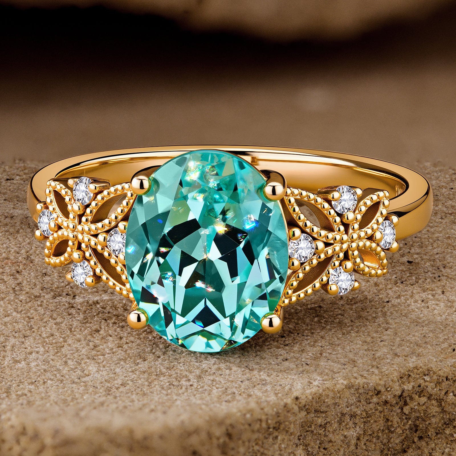 Oval Brilliant Cut Electric Lagoon Hue Lab-Certified Paraiba Tourmaline - Pave Classic Engagement Ring 14K Yellow Gold Plated (Includes GRC Certification from Gemstone Research Center) - Image 6