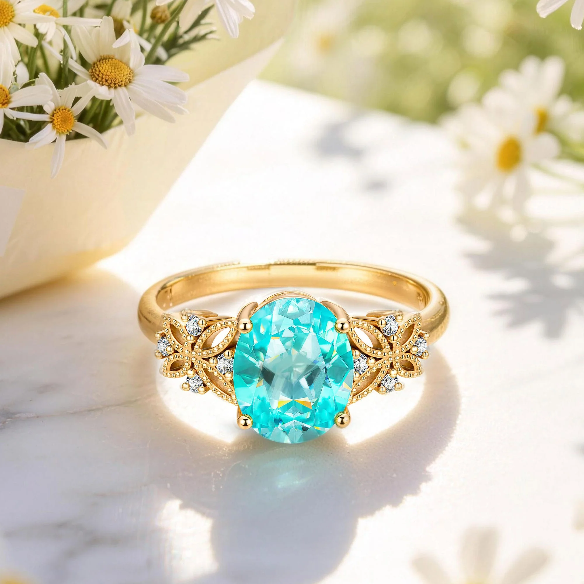 Oval Brilliant Cut Electric Lagoon Hue Lab-Certified Paraiba Tourmaline - Pave Classic Engagement Ring 14K Yellow Gold Plated (Includes GRC Certification from Gemstone Research Center) - Image 7