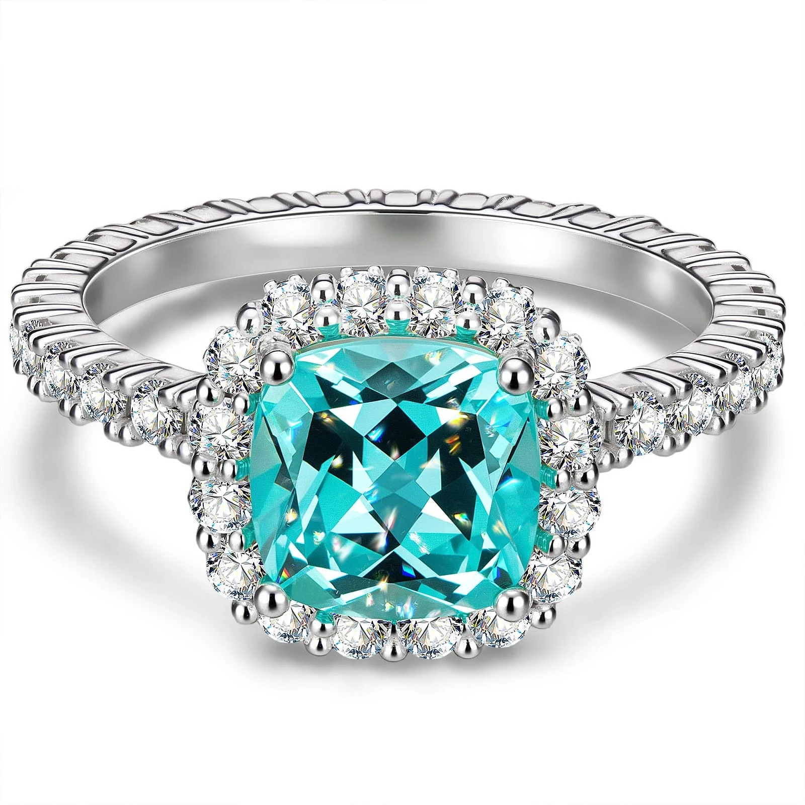 Cushion Cut Electric Lagoon Hue Lab-Certified Paraiba Tourmaline - Halo Classic Engagement Ring White Gold Plated (Includes GRC Certification from Gemstone Research Center)
