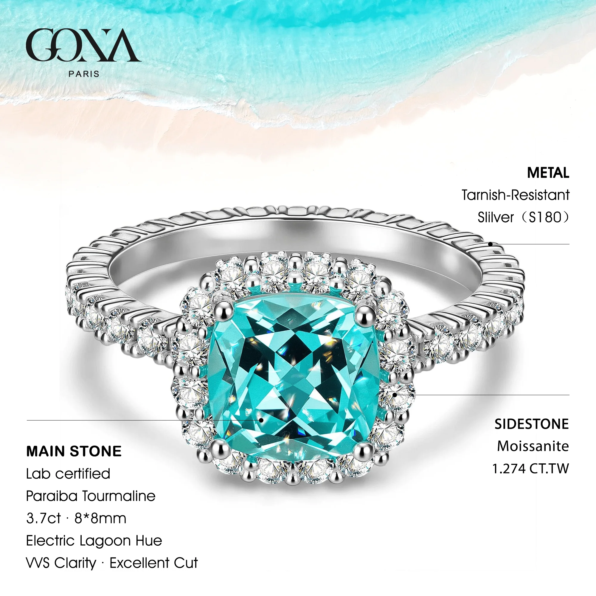 Cushion Cut Electric Lagoon Hue Lab-Certified Paraiba Tourmaline - Halo Classic Engagement Ring White Gold Plated (Includes GRC Certification from Gemstone Research Center) - Image 2
