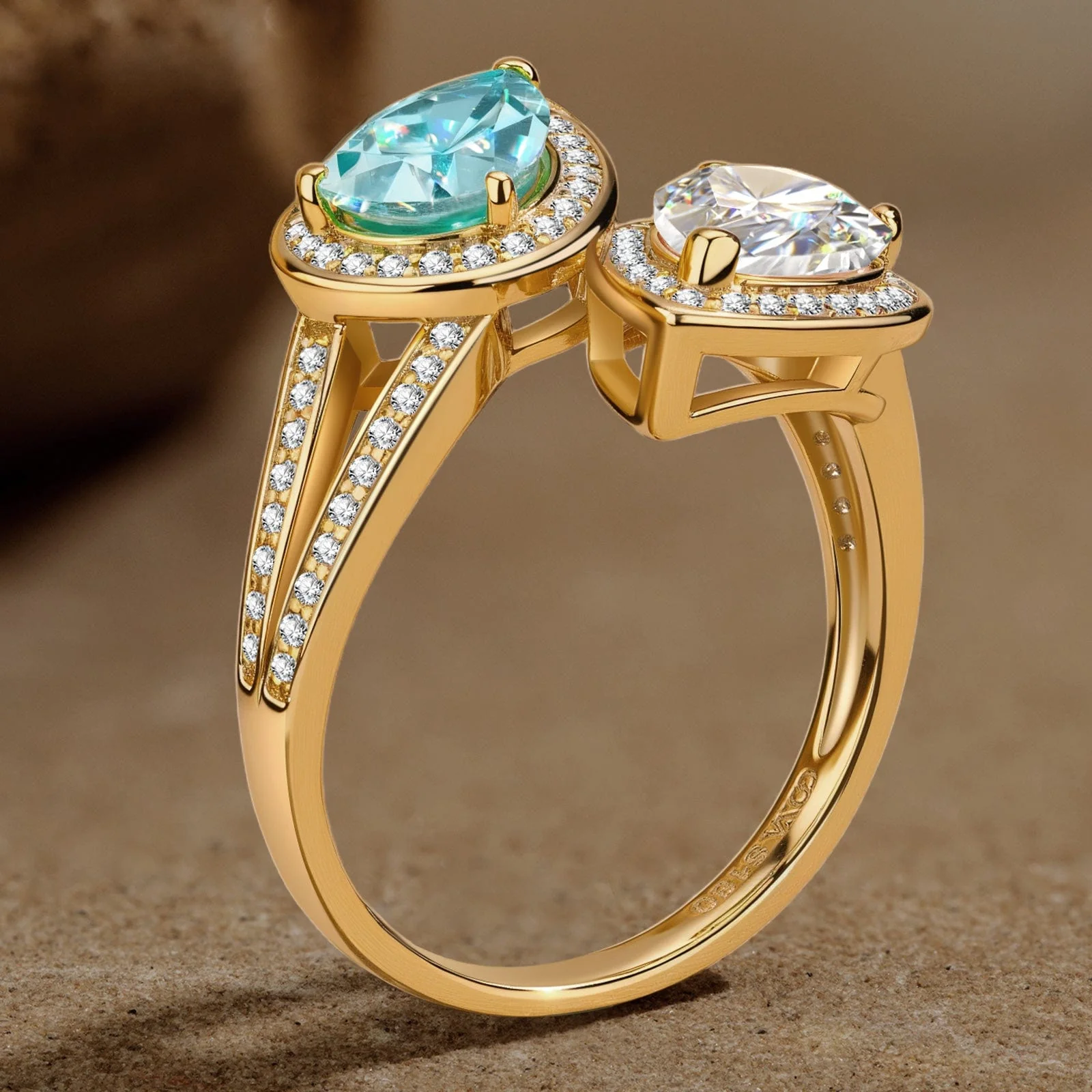 2.20 ct Pear Brilliant Cut Electric Lagoon Hue Lab-Certified Paraiba Tourmaline and Pear Brilliant Cut Cubic Zirconia - Two Stone Classic Engagement Ring 14K Yellow Gold Plated (Includes GRC Certification from Gemstone Research Center) - Image 6