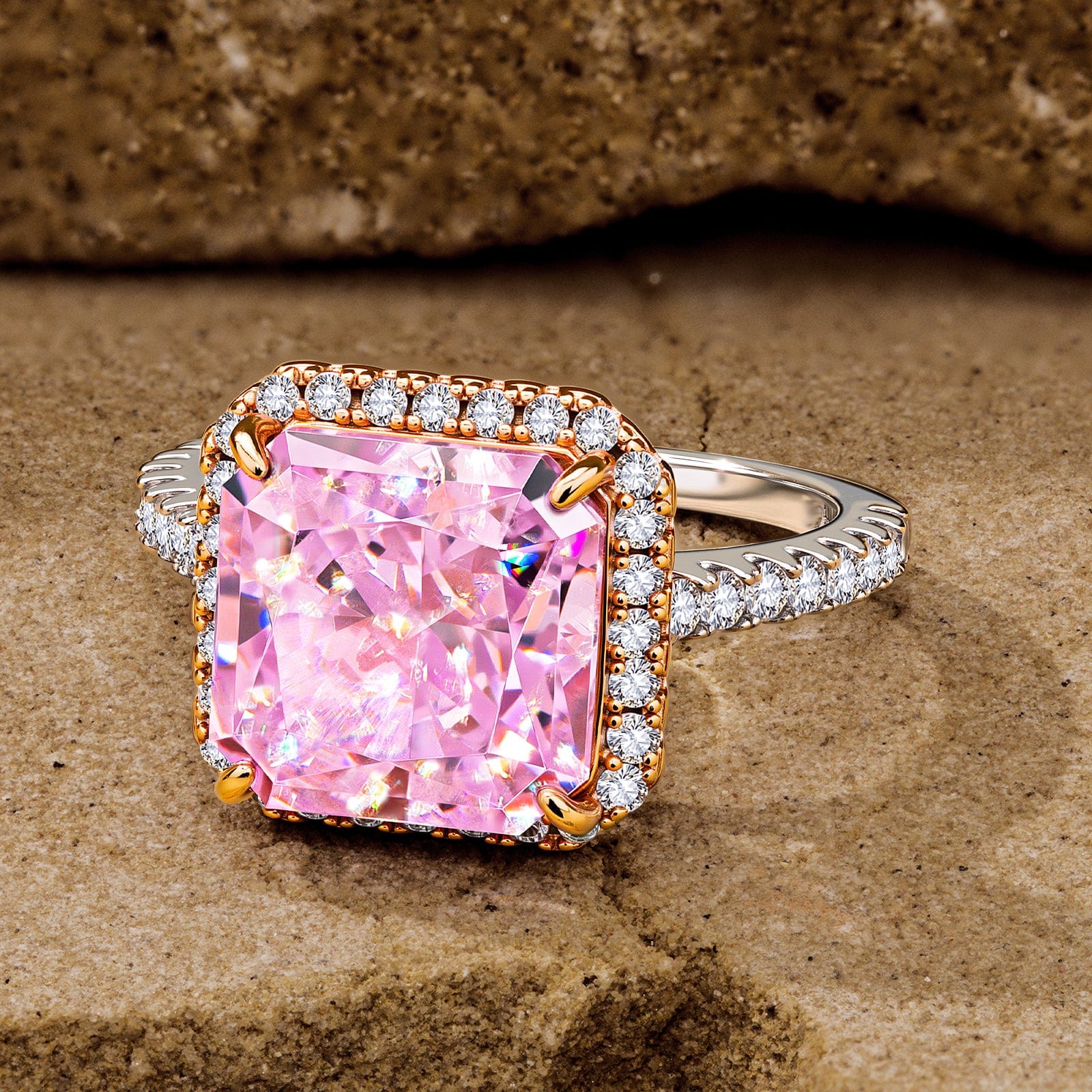 Radiant Modified Brilliant Cut Fancy Vivid Pink Ice-Frosted Sparkle Lab Zircon - Halo Classic Engagement Ring White Gold Plated - Image 3