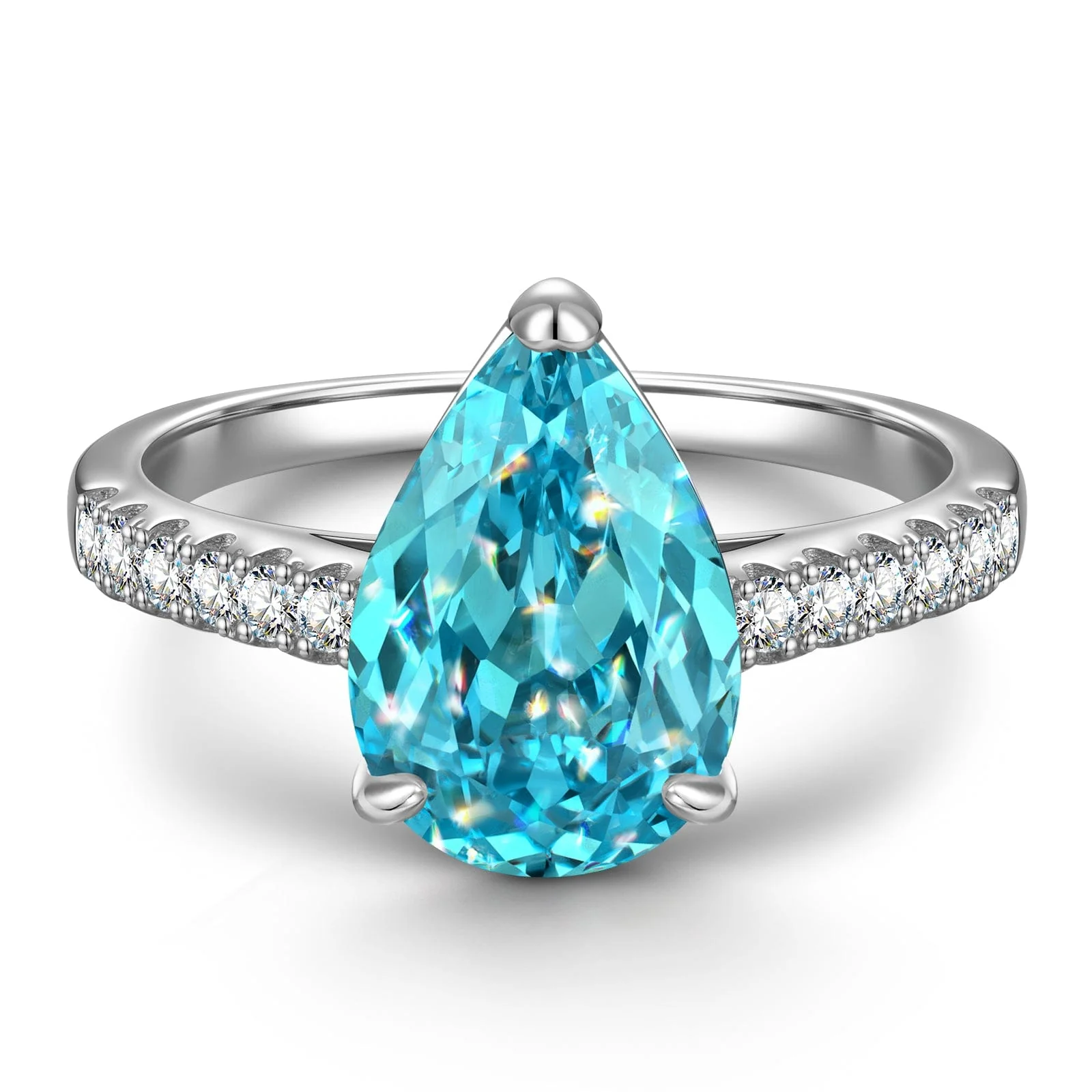 8*12mm Pear Modified Brilliant Cut Fancy Vivid Blue Ice-Frosted Sparkle Lab Zircon - Pave Classic Engagement Ring White Gold Plated